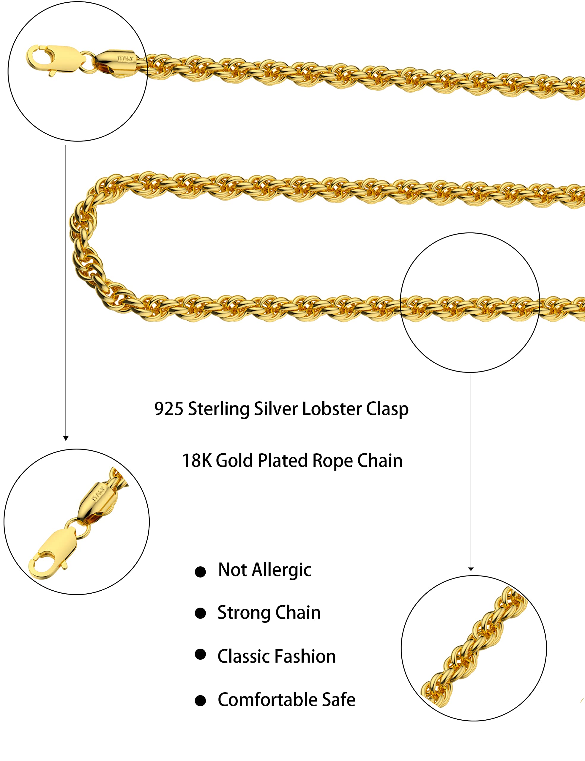 Waitsoul 925 Sterling Silver Rope Chain Lobster Clasp 2mm 18k Gold Over Rope Link Curb Chain Necklace for Women Men Diamond Cut