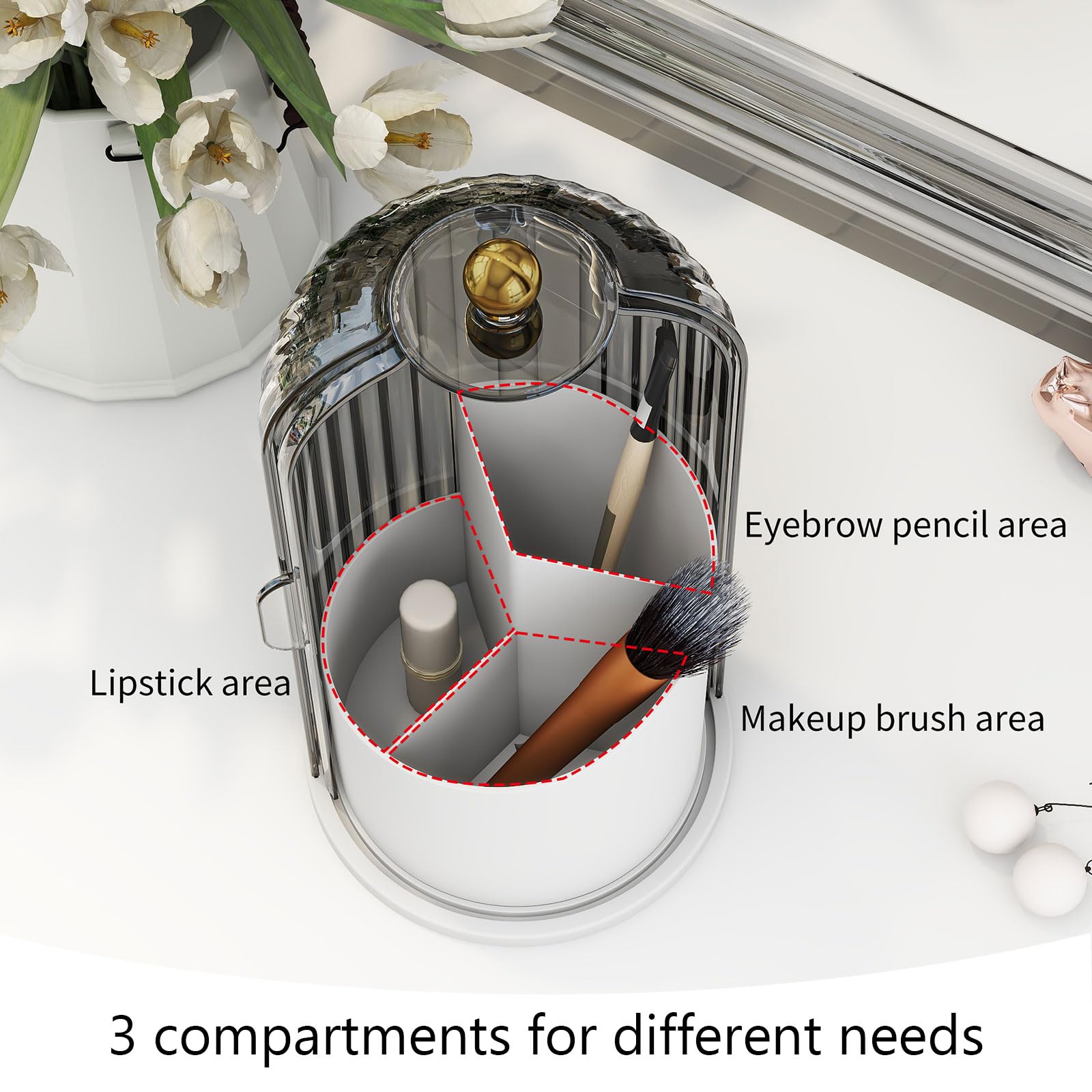 Emljkvp Makeup Brush Holder With Dustproof Cover 360 Rotating Makeup Brush Organizer For Vanity Bathroom, Grey