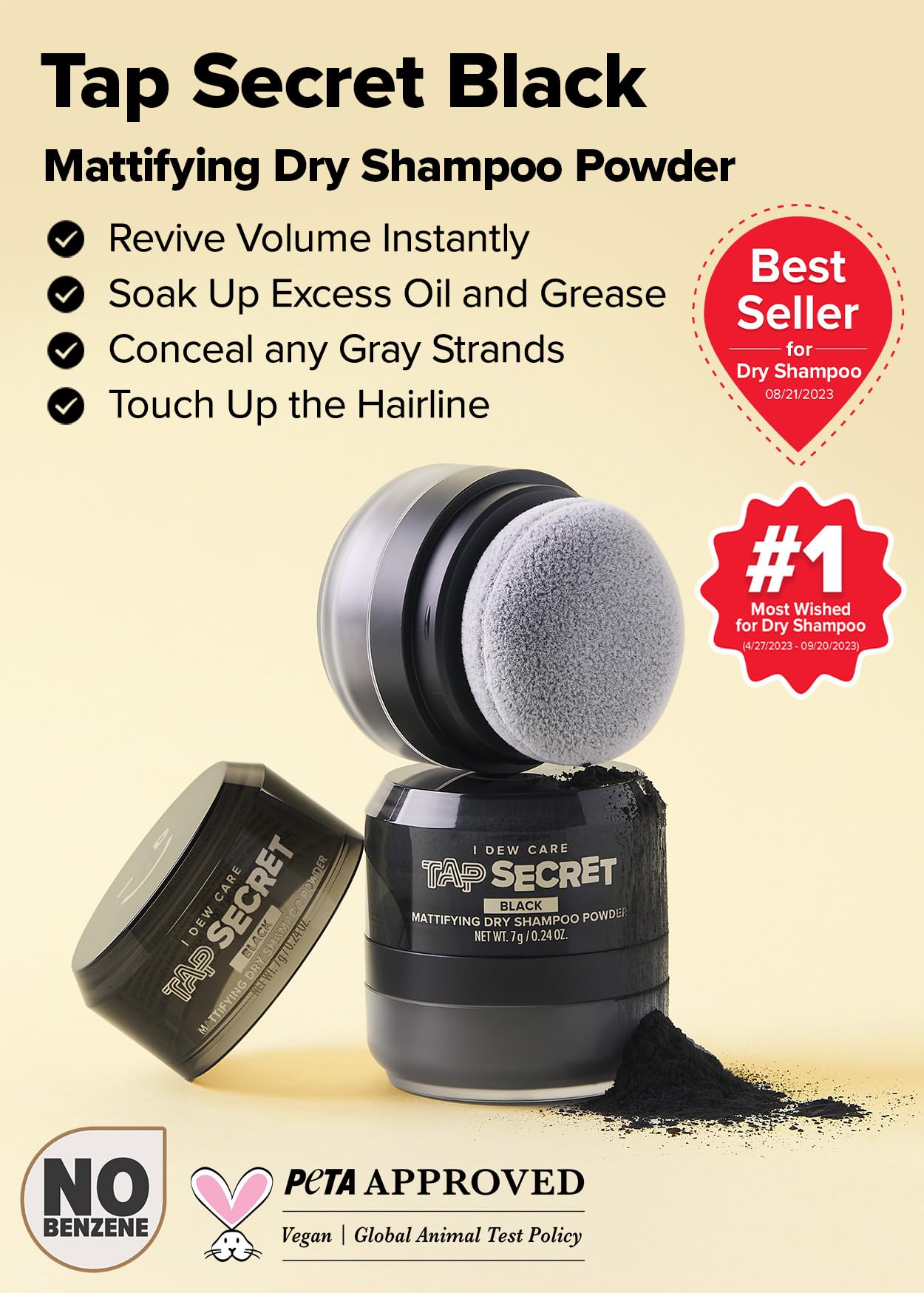 I Dew Care Dry Shampoo Powder - Tap Secret Black | With Betaine, Black Ginseng, Non-Aerosol, Benzene-Free, Mattifying Root Boost