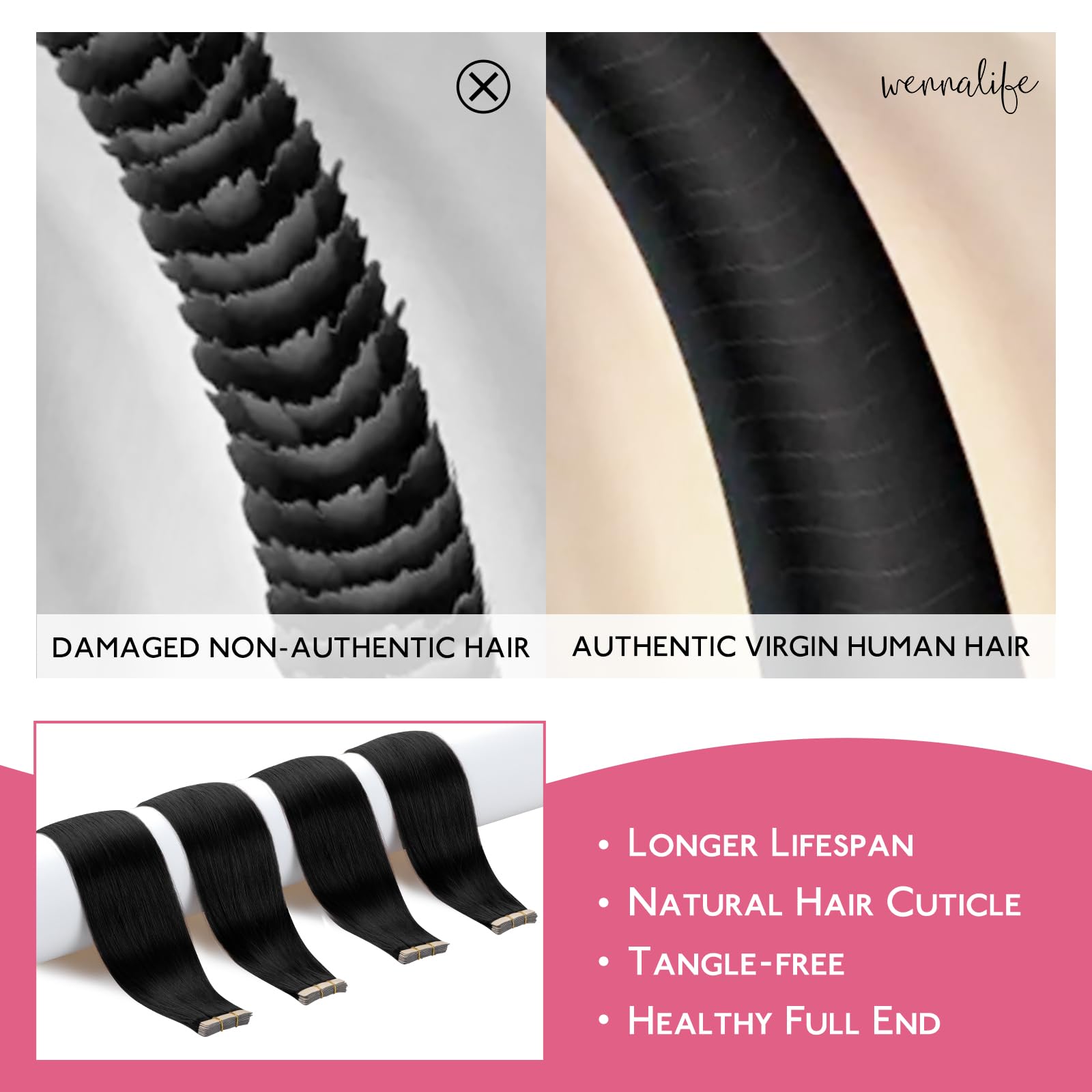 Wennalife Tape In Hair Extensions Human Hair Jet Black Tape In Extensions, 10Pcs 30G 22 Inch Remy Invisible Tape Ins Straight Co