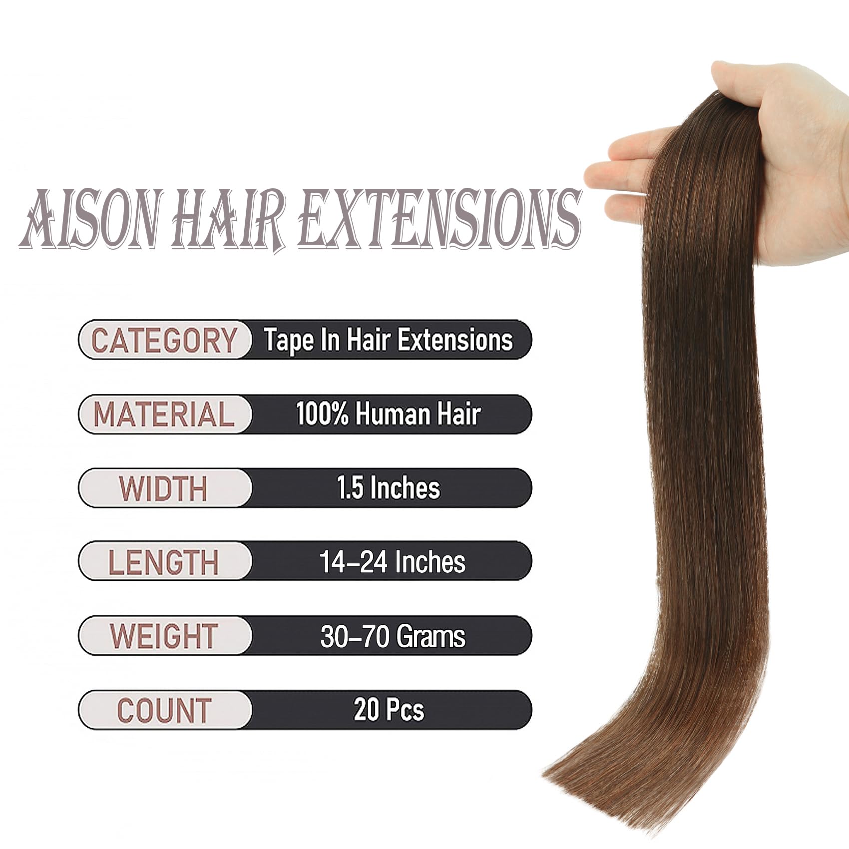 Aison Chocolate Brown Tape In Hair Extensions Human Hair 20 Inch 50G Medium Brown Invisible Tape In Hair Extensions Human Hair 2