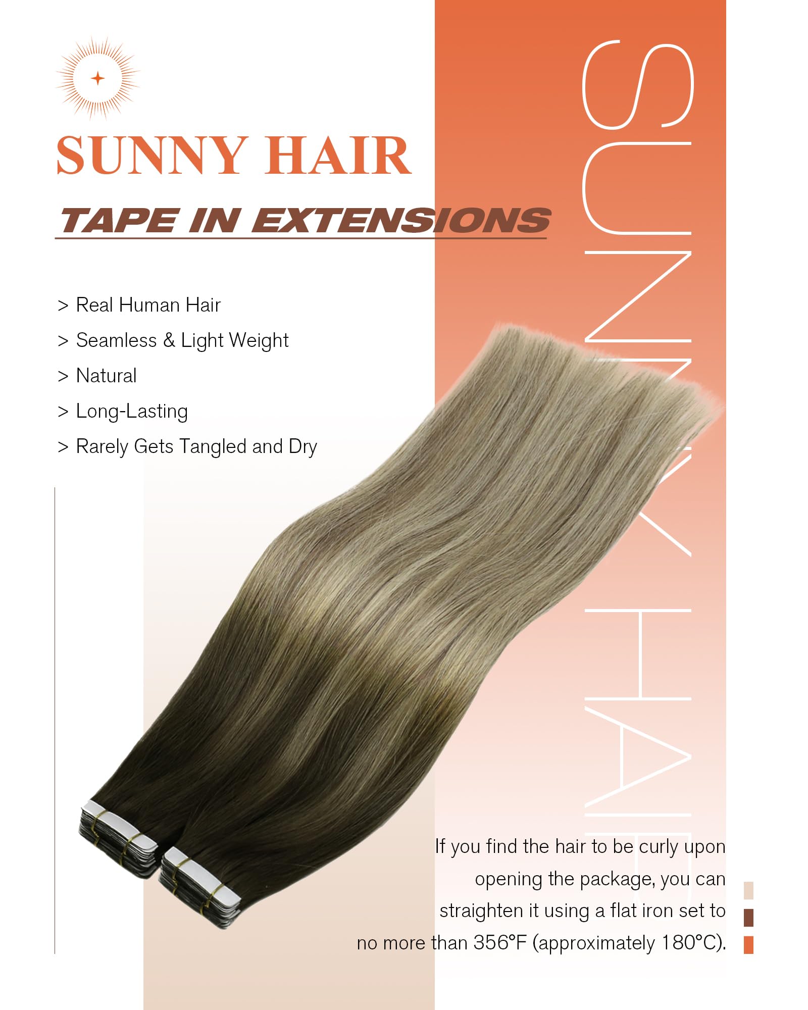 Sunny Hair Tape in Hair Extensions Real Human Hair Invisible Remy Hair Extensions Tape ins for Women Dark Brown Ombre Dark Golde