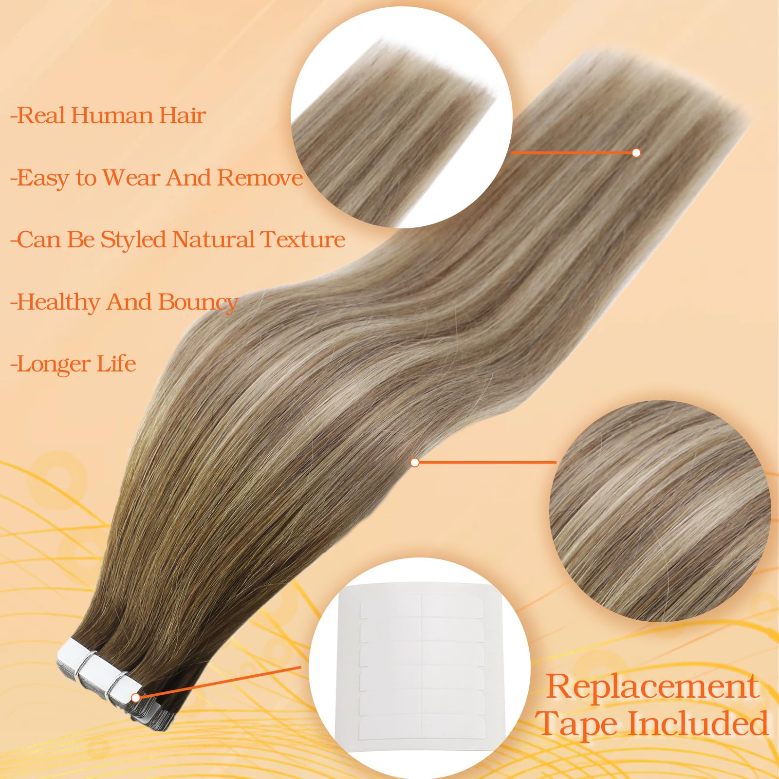 Full Shine Tape In Hair Extensions 20 Inch Human Hair Tape Hair Extensions Balayage Color 3 Dark Brown Fading To 8 And 22 Blonde