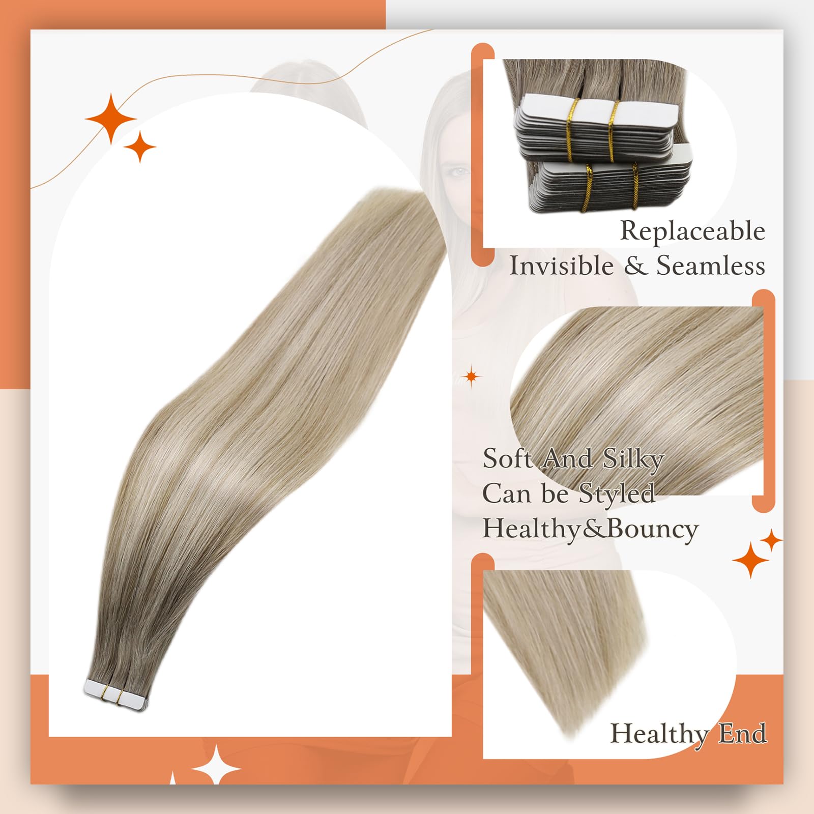 Full Shine Blonde Tape In Hair Extensions Human Hair 14Inch Double Sided Tape Color 19/8/60 Grey Fading To Ash Brown And Blonde