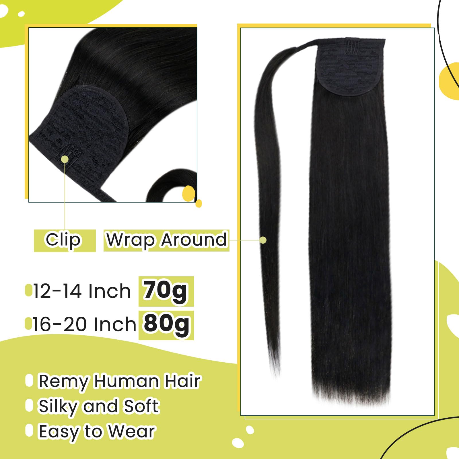 Runature Black Real Hair Ponytail Extension 16 Inch 80G Straight Clip In Ponytail Extension Human Hair With Magic Paste Thick #1