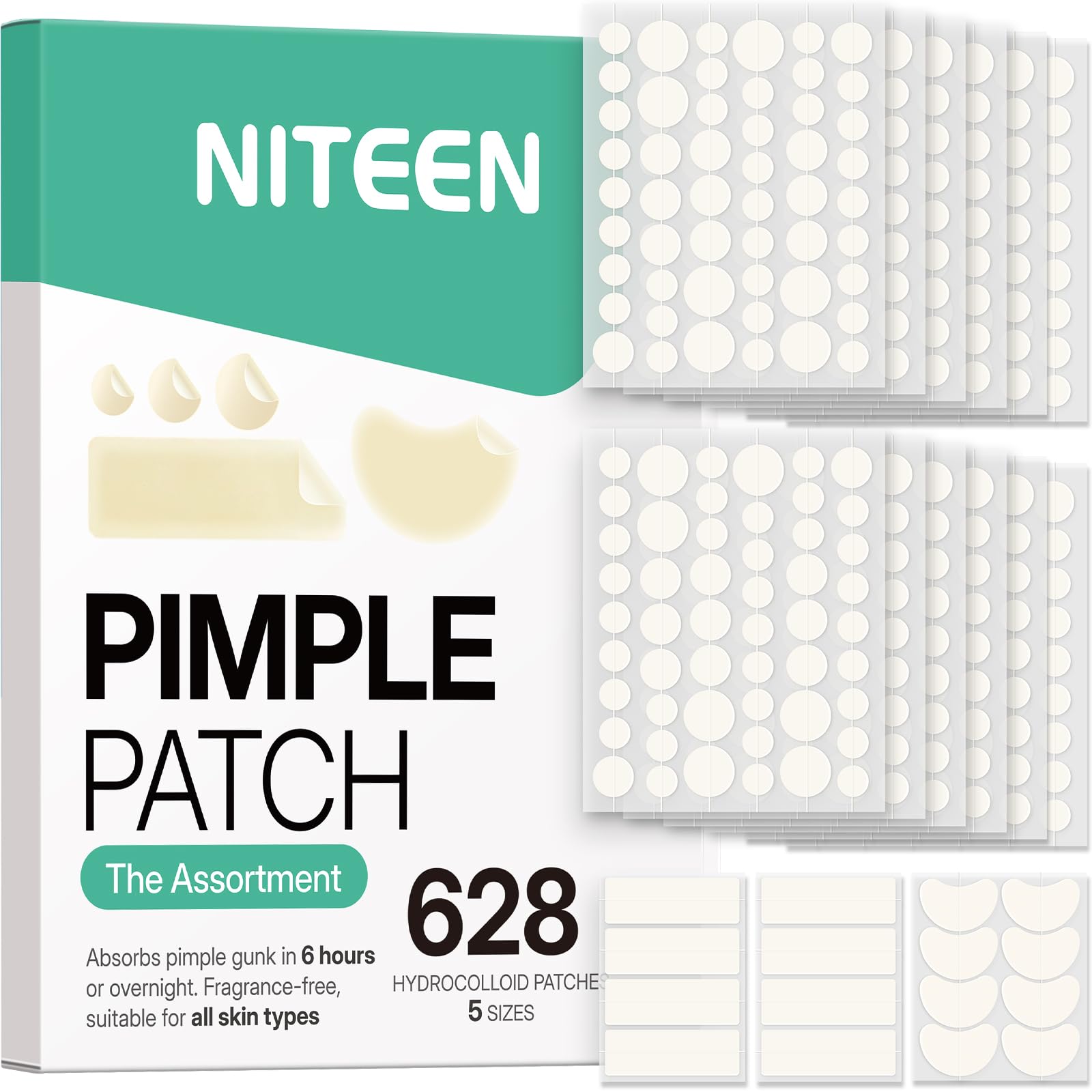 NITEEN 628 Count Pimple Patches for Face, 5 Sizes Hydrocolloid Acne Patches