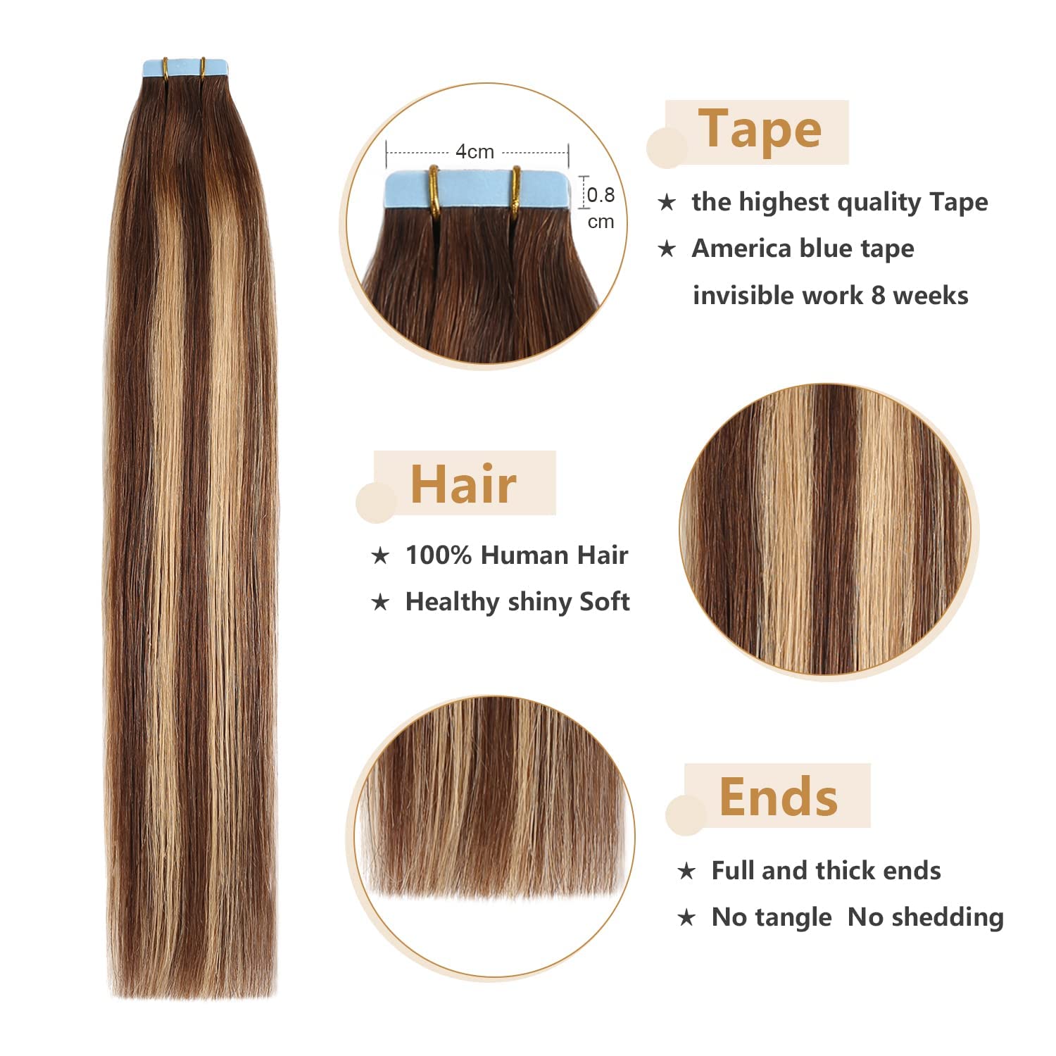 Yilite Tape In Hair Extensions Human Hair 24Inch 20Pcs 50G Balayage Dark Brown To Caramel Blonde, #P4-27-T4 Balayage Chocolate B