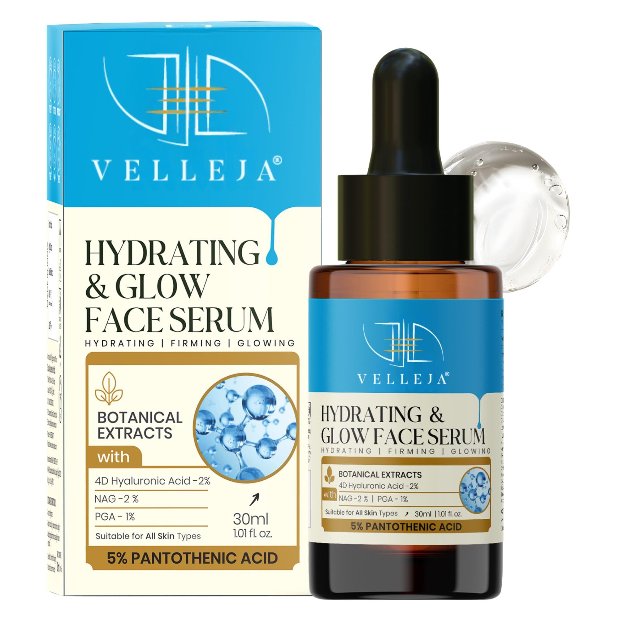 Velleja Hyaluronic Acid Face Serum With 2% Ha, 5% DPanthenol (B5) With Red Seaweed | 48Hour Moisture Lock | Plumping, Firming 