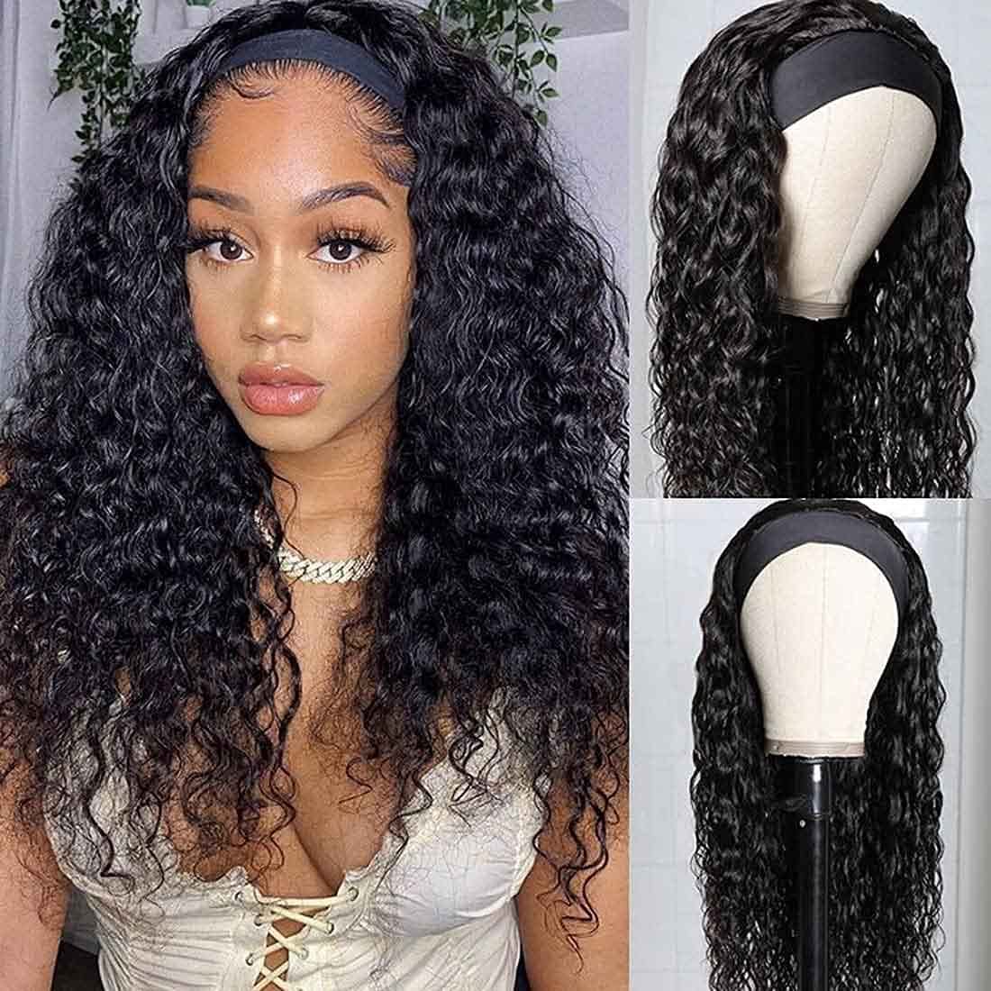 Beauty Forever Headband Human Hair Wigs Water Wave Glueless Human Hair Wigs With Pre-Attached Scarf Non Lace Front Wigs For Wome