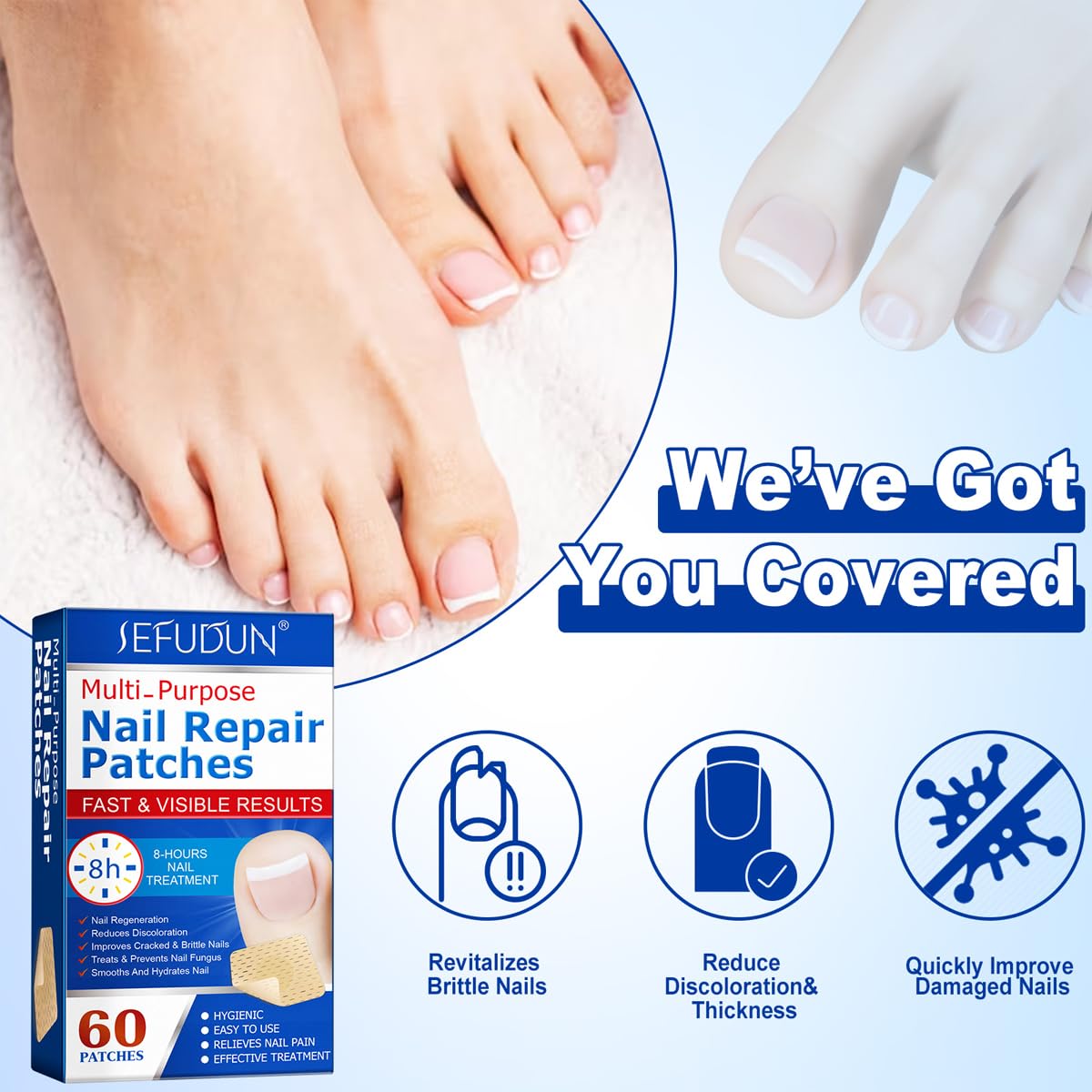 Muti-Purpose Nail Repair Patches, 60 pcs Overnight Nail Repair Treatment for Nail Discoloration & Cracked Nails, Restore Healthy
