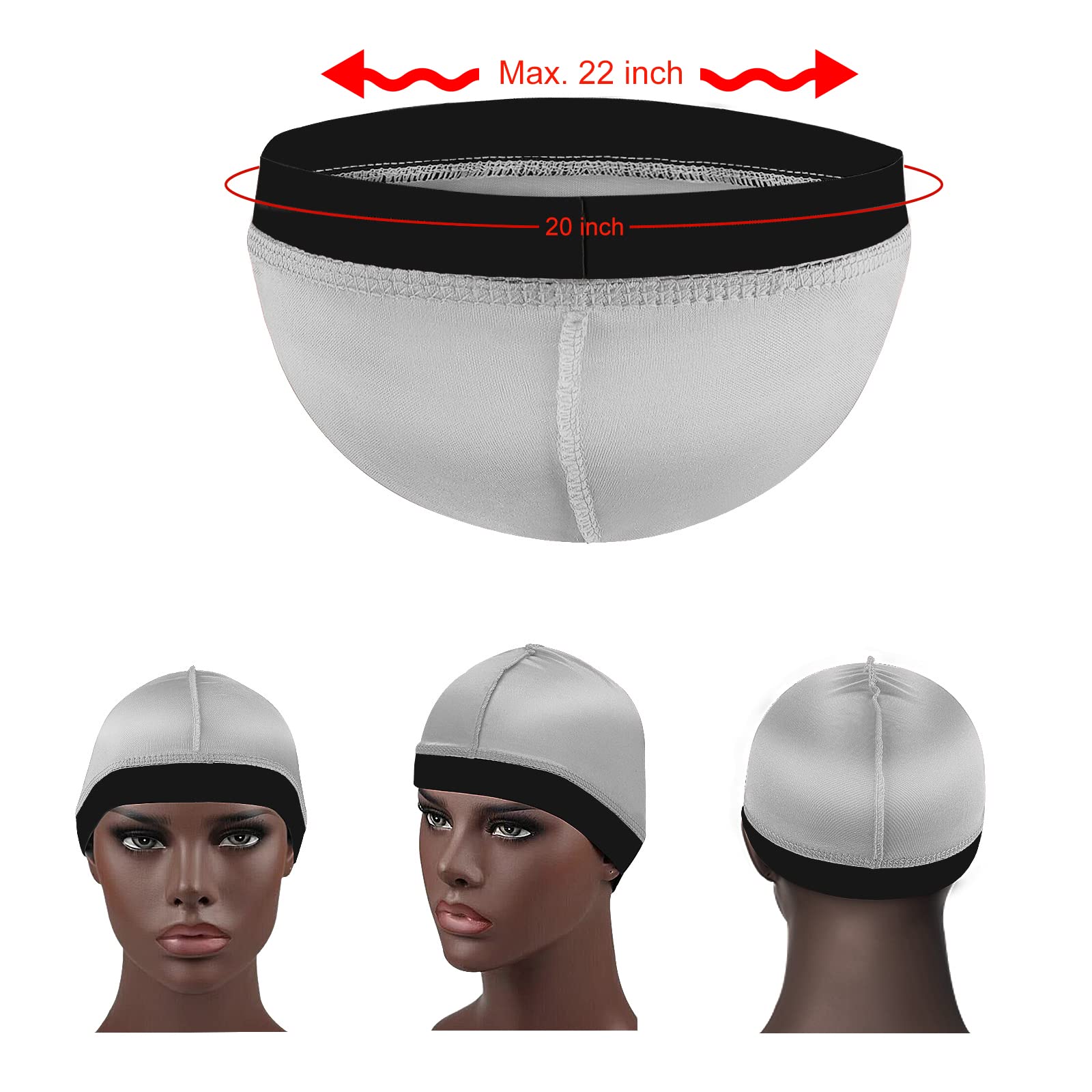 DURALA 2Pcs Wave Cap Set - Silky Satin Durags for Men, Black & Silver, Good Compression, Model B.S-C1