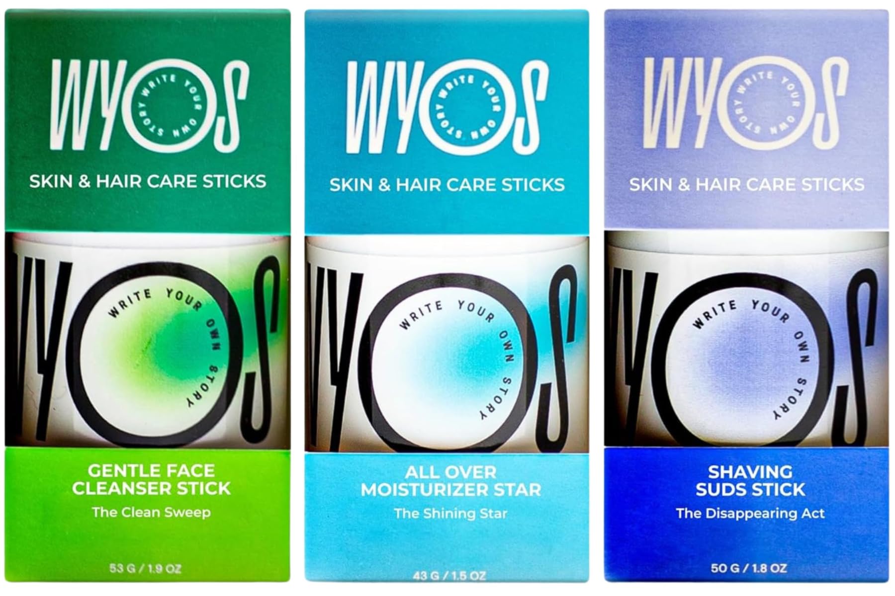 WYOS Starter Kit: Face Cleanser + Shaving Stick + Moisturizer Oil Stick Bundle | Travel Size, Leak Free, Vegan, Cruelty Free, Po