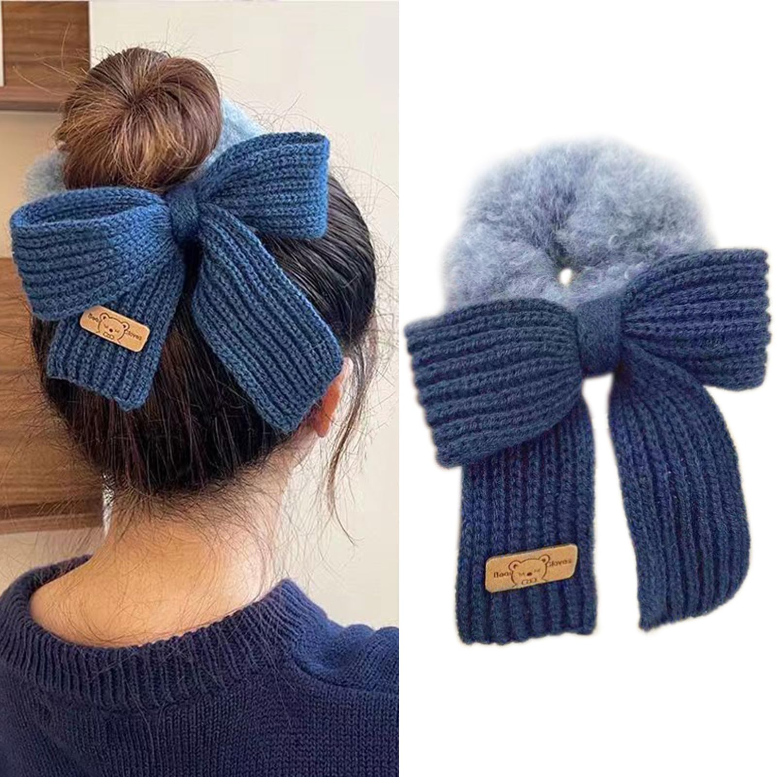 Blue Bow Hair Ties for Women Plush Hair Scrunchies Christmas Hair Bands Ponytail Holder Big Bow Hair Bands Fluffy Hair Elastic C