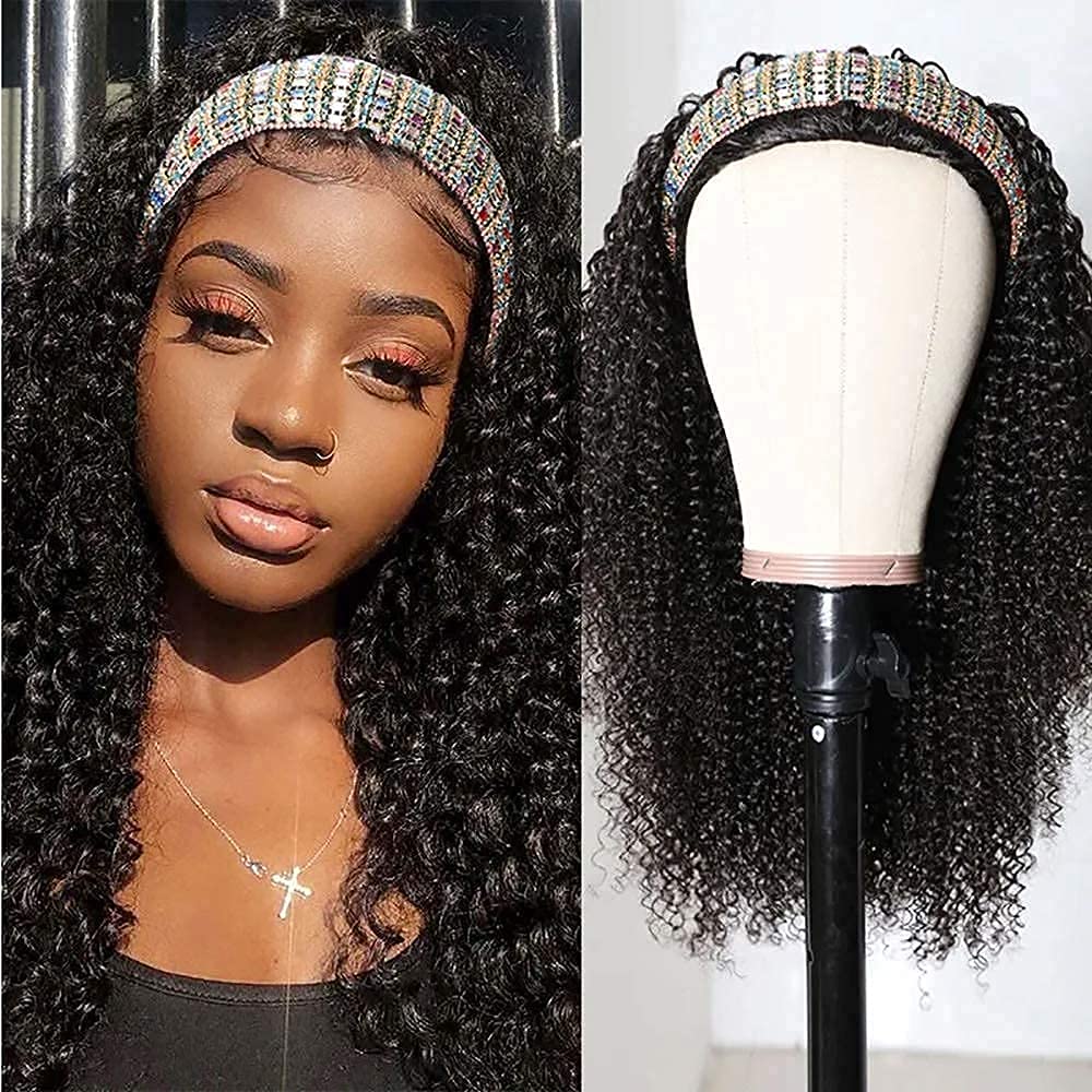 Nadula Hair Afro Kinky Curly Half Wigs Human Hair For African American Women, 100% Virgin Human Hair Headband Curly 3/4 Half Wig