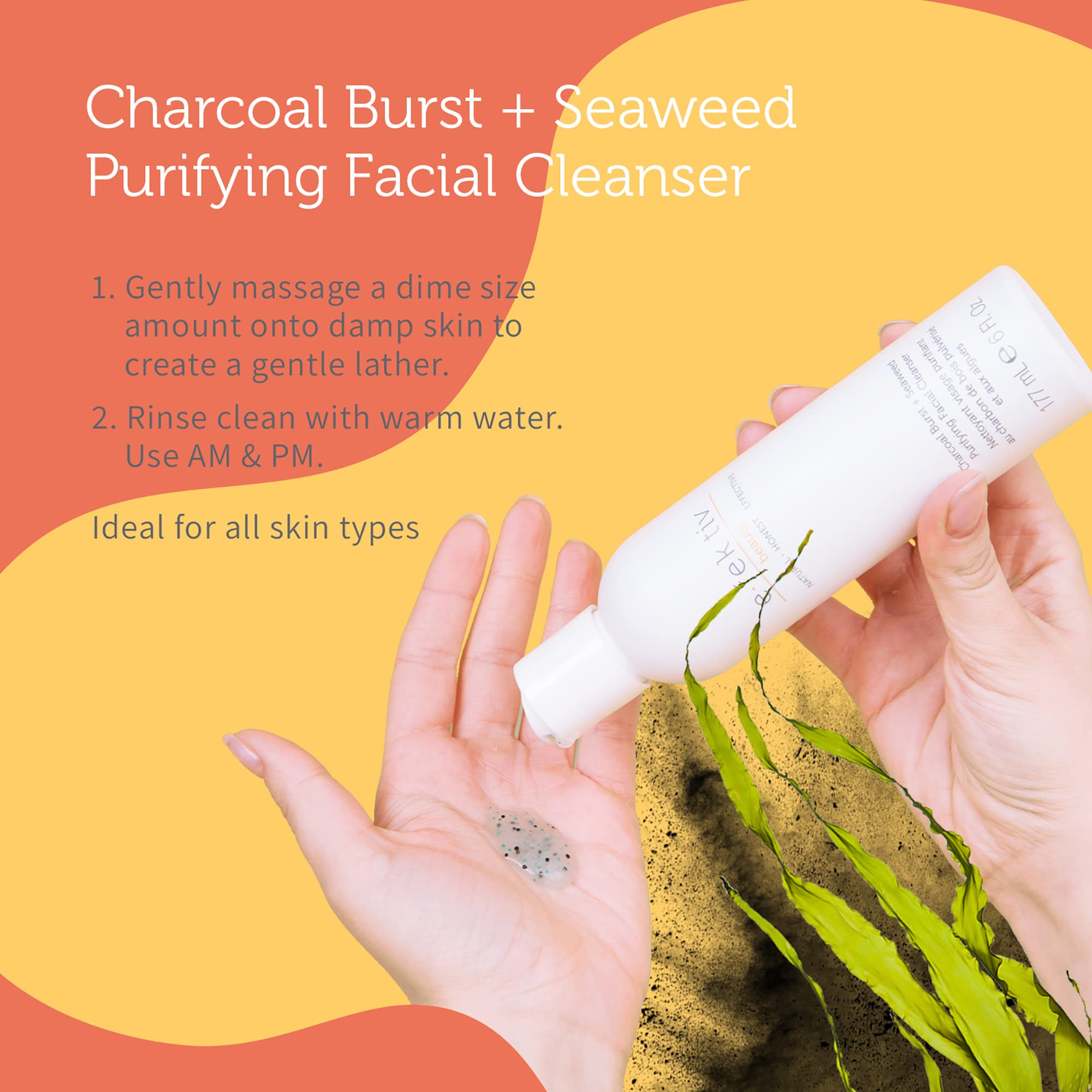 E.Fek.Tiv Beauty Charcoal Burst Plus Seaweed Purifying Facial Cleanser - Gently Cleanses Pores - Clarifying Face Wash - Vegan -