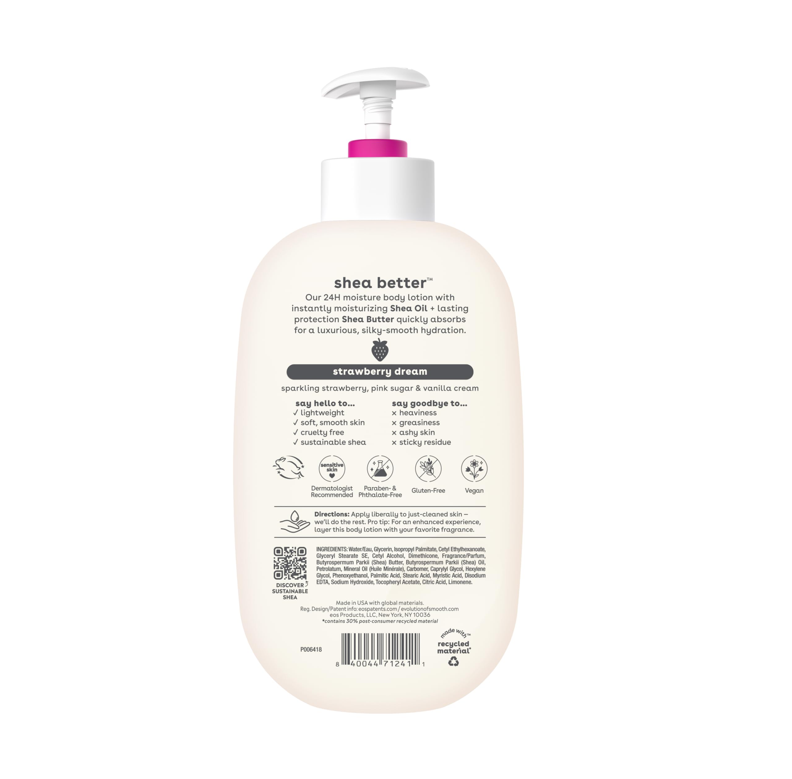 eos Shea Better Body Lotion - Strawberry Dream, 16 Fl Oz, Lightweight & Non-Greasy, Vegan, 24-Hour Moisture Skin Care