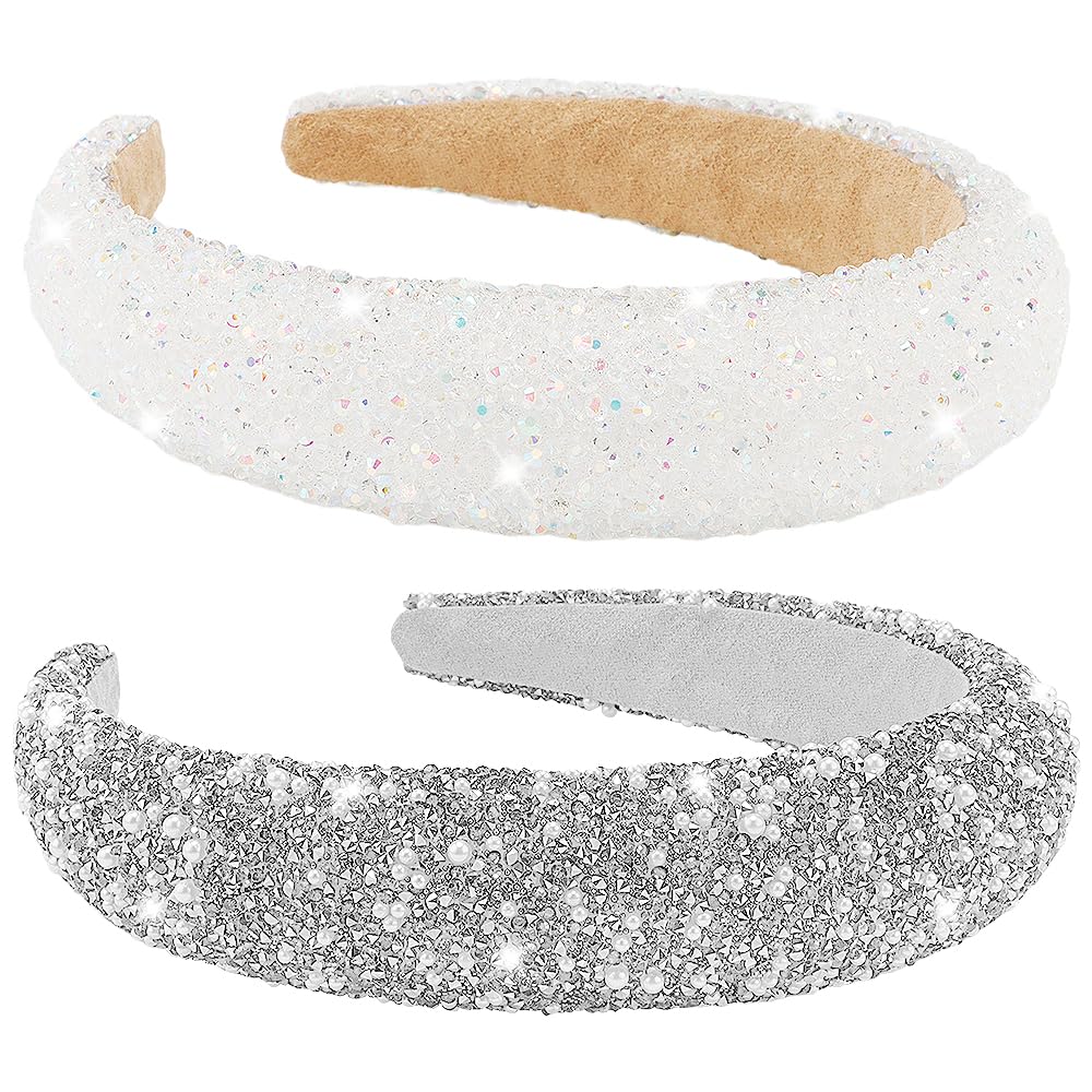 AHONEY 2 Pack Rhinestone Headband for Women Girls, Glitter Sequin Beaded Pearls Padded Headbands for Women Prom Wedding Sparkly 