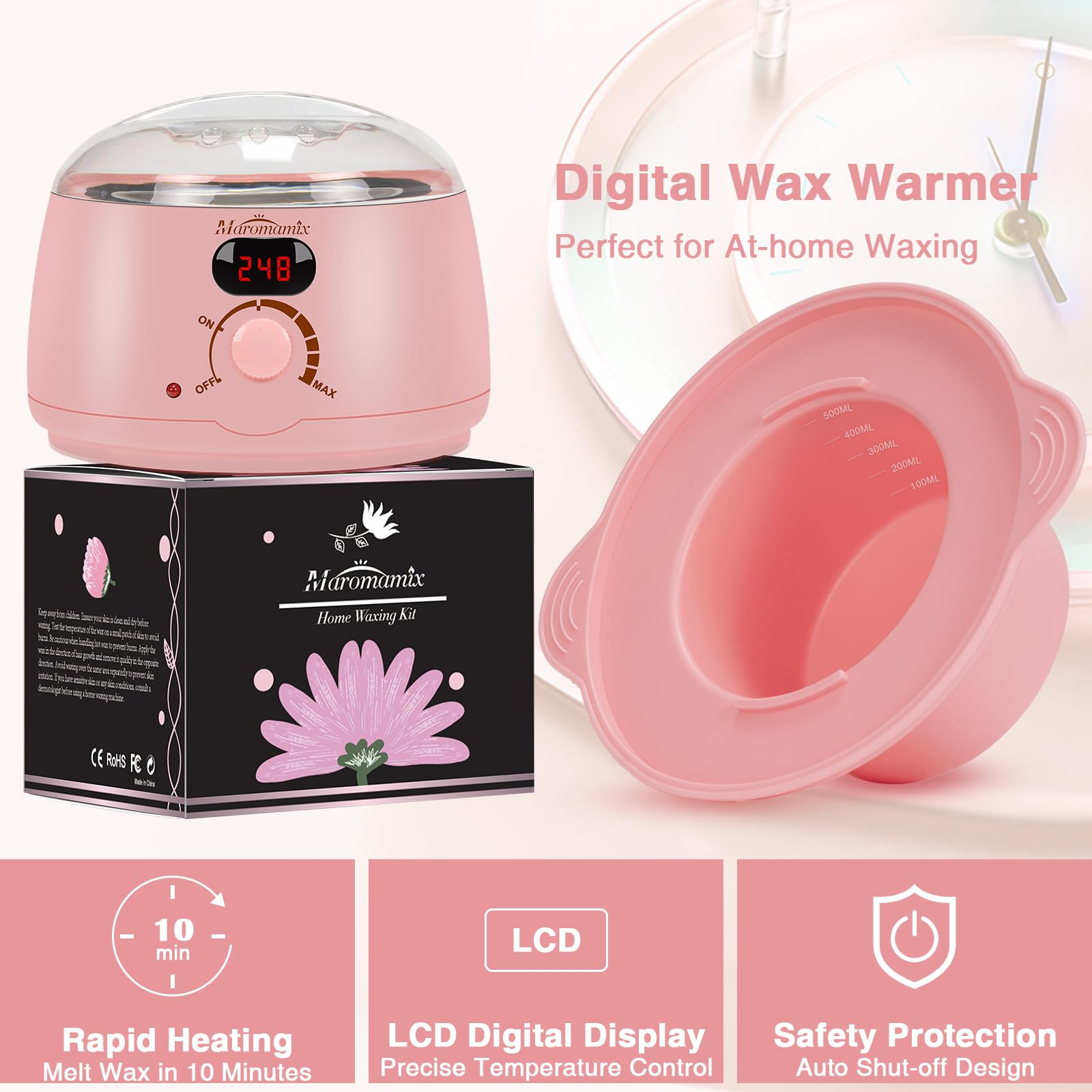 Waxing Kit -Digital Wax Warmer Machine For Hair Removal With 4 Packs Of Hard Wax Beads & Silicone Wax Pot For Full Body, Legs, F