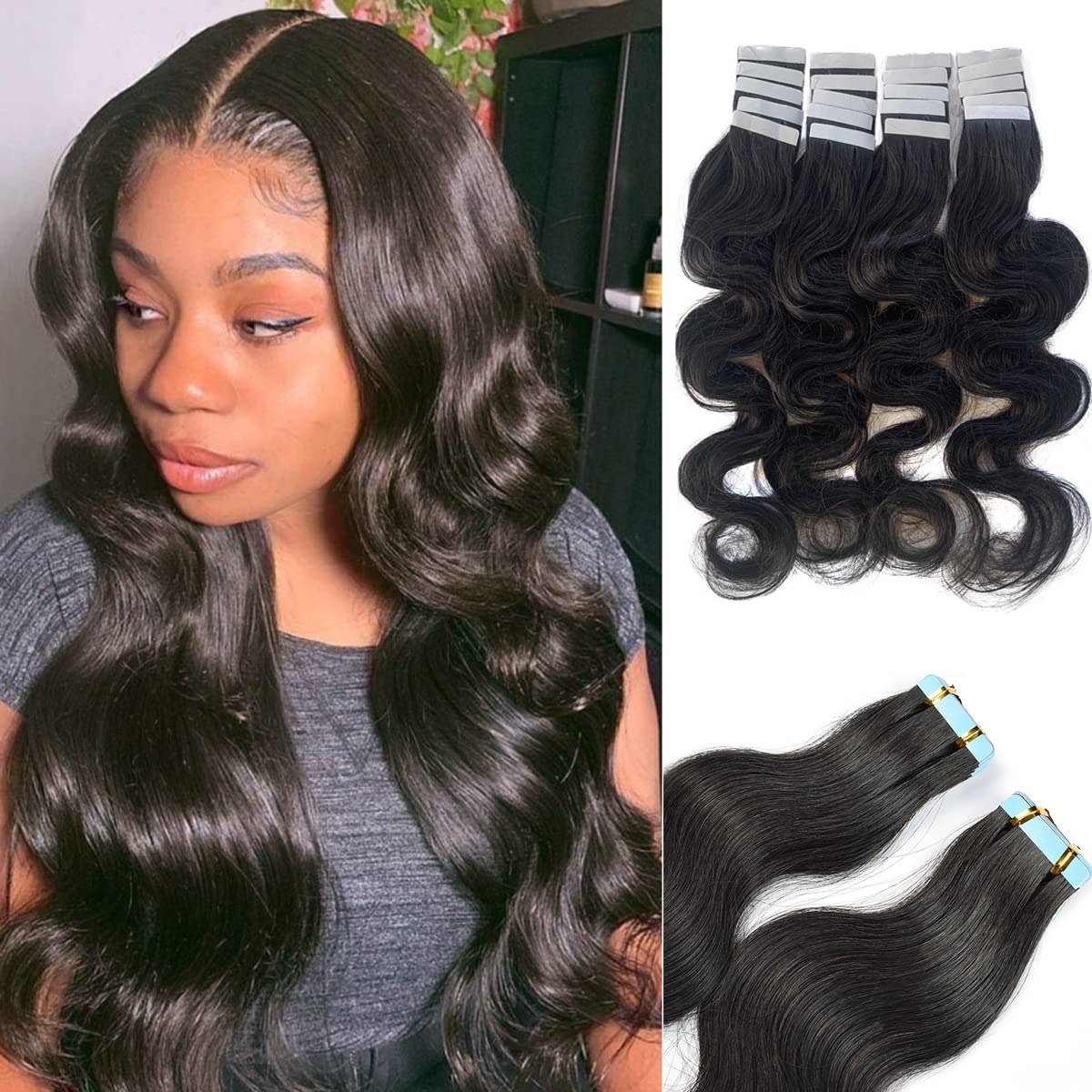 Smavida Body Wave Tape In Hair Extensions Human Hair For Black Women, Black Natural Hair Body Wave Tape In Hair Extensions Tape