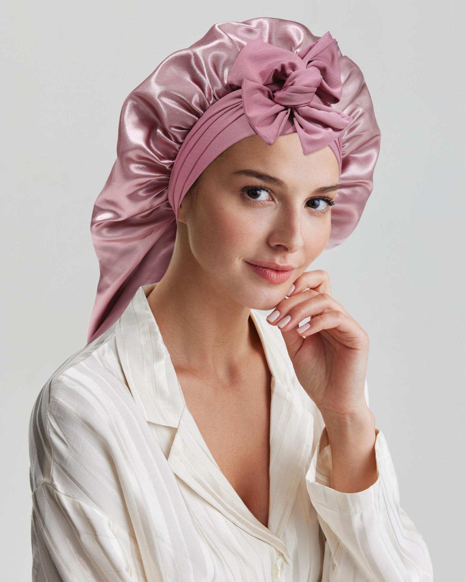 Awaytr Long Hair Bonnet For Sleeping - Double Layer Long Elastic Tie Band Satin Bonnet For Women With Sleep Eye Mask (Rose Gold)