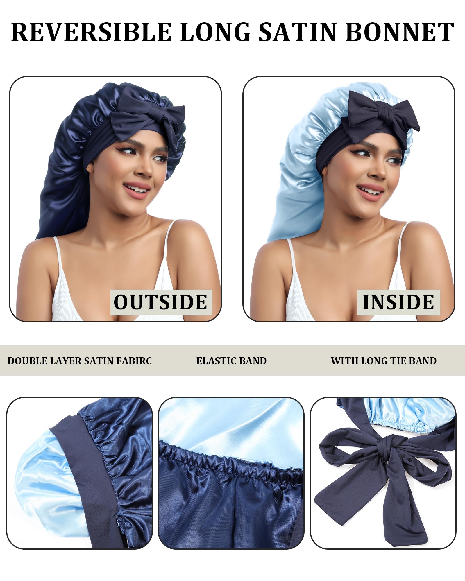 Awaytr Long Satin Bonnet For Sleeping - Double Layer Reversible Silk Bonnet For Long Hair Women Sleeping Cap With Tie Band (Navy