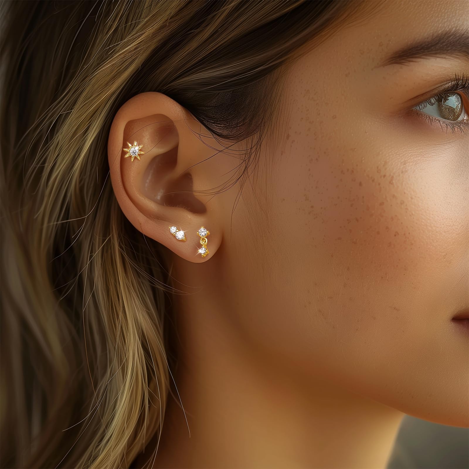 Angelady Flat Back Earrings for Women, 14K Gold Plated Flat Back Stud Earrings, Helix Cartilage Earrings Jewelry, 18G|20G Flatba