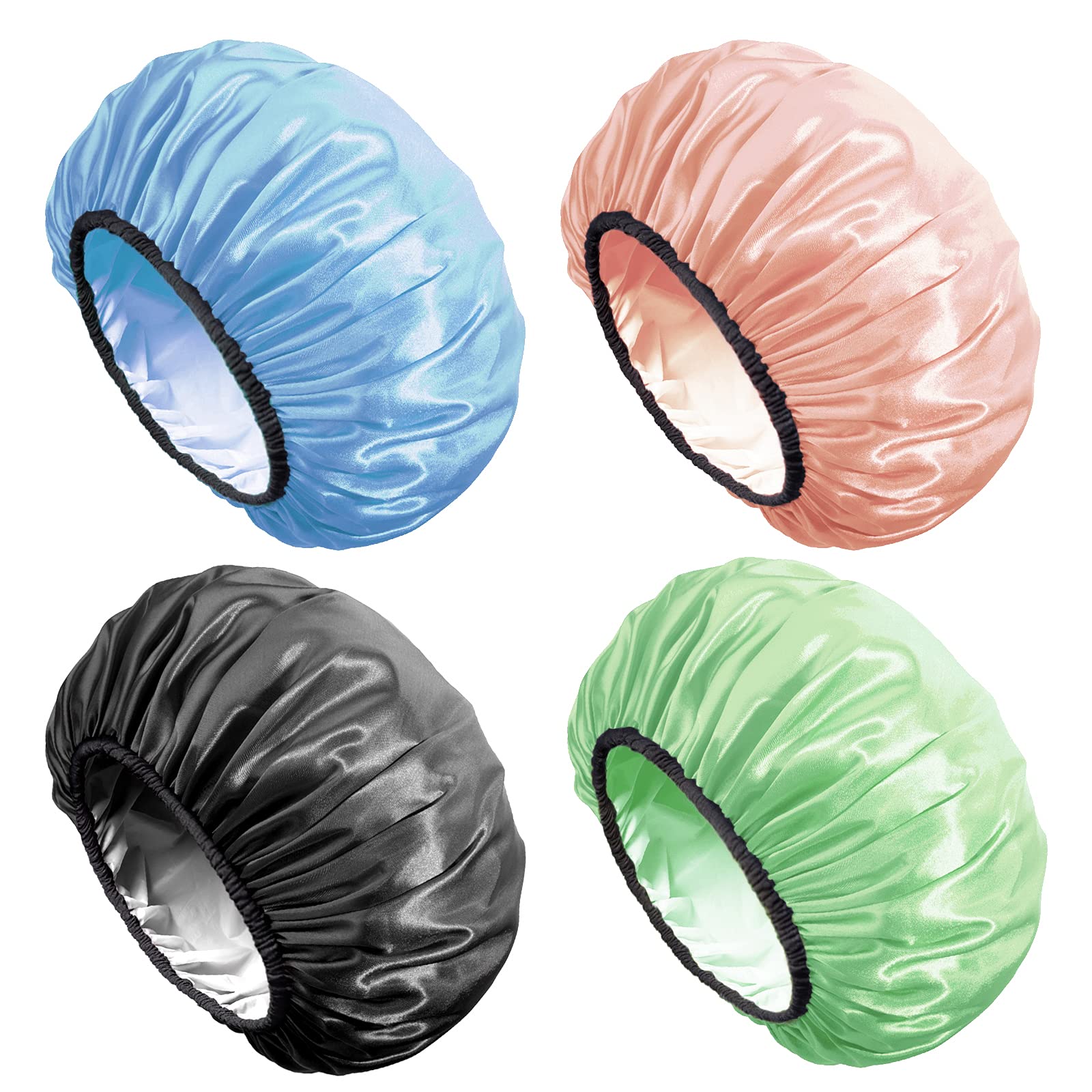 Aquior Shower Cap,4-Pack Large Shower Caps For Women Long Hair, Premium Soft Silky Satin Reusable Hair Cap For All Hair Lengths