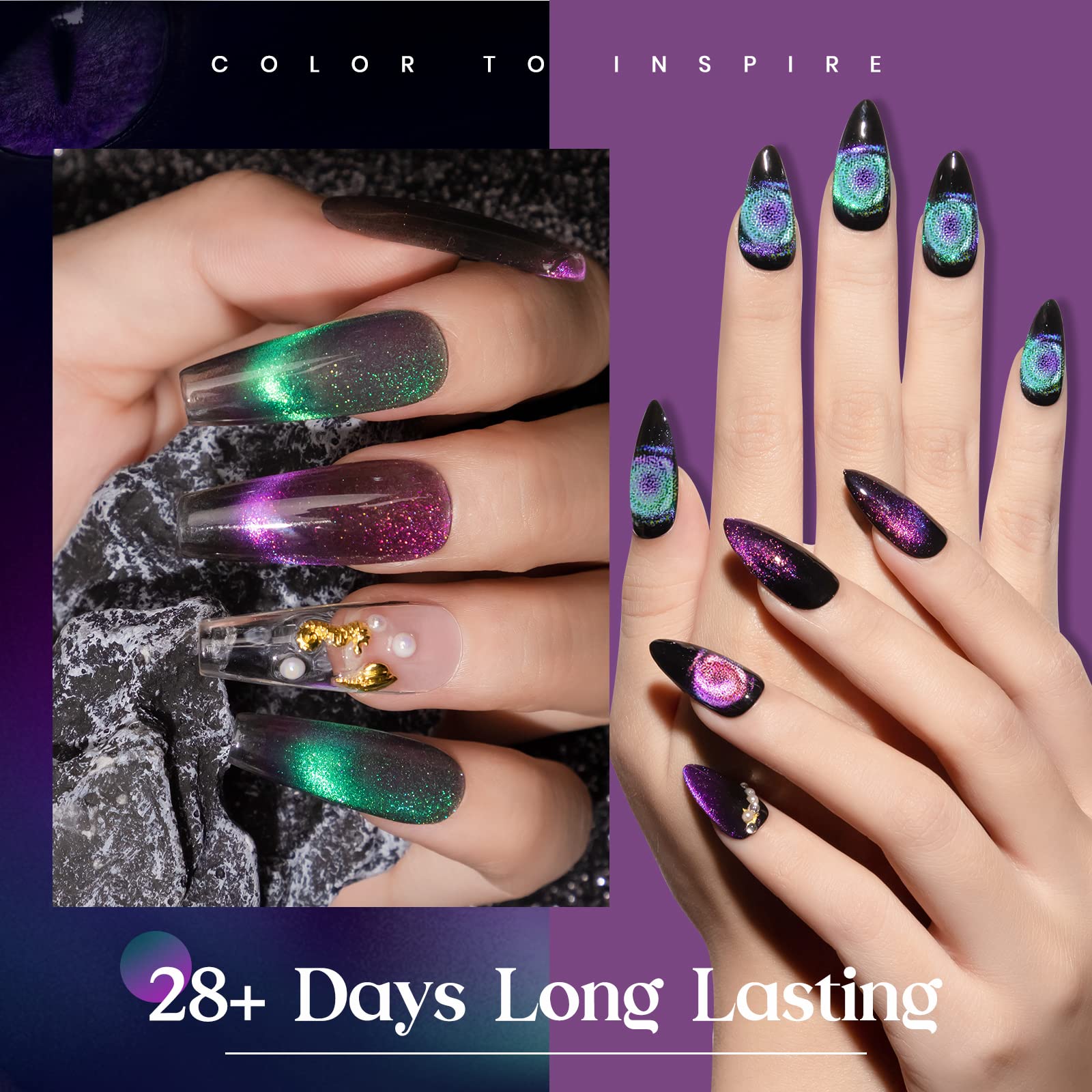 Mizhse 9D Cat Eye Gel Nail Polish, 2 Colors Cyan And Purple Holographic Galaxy Cateye Magnetic Nail Polish Gel, Magic Cateye Man