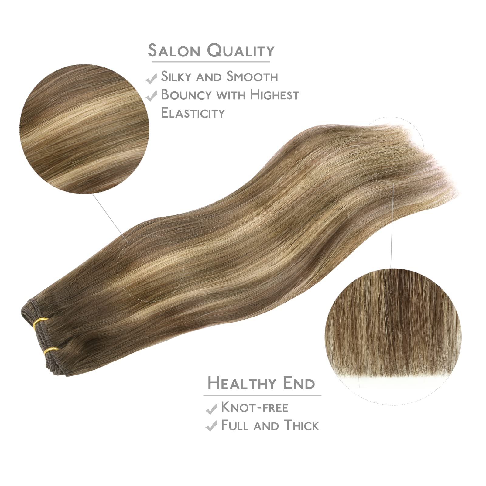Wennalife Sew In Hair Extensions Real Human Hair, Weft Hair Extensions Human Hair 16 Inch 80G Balayage Chocolate Brown To Carame