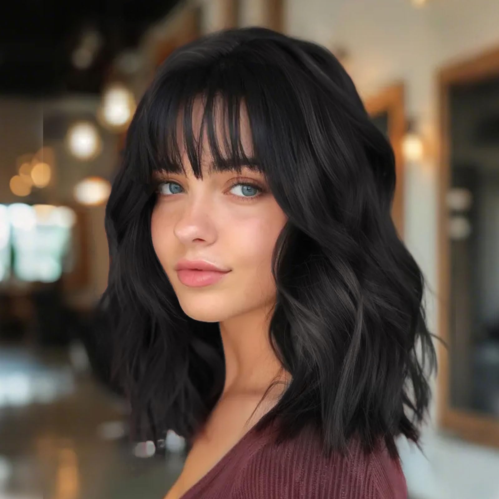 Lativ Black Wigs for Women Short Wavy Curly Bob Wig with Bangs Shoulder Length 14 Inches Synthetic Hair for Daily Party Use