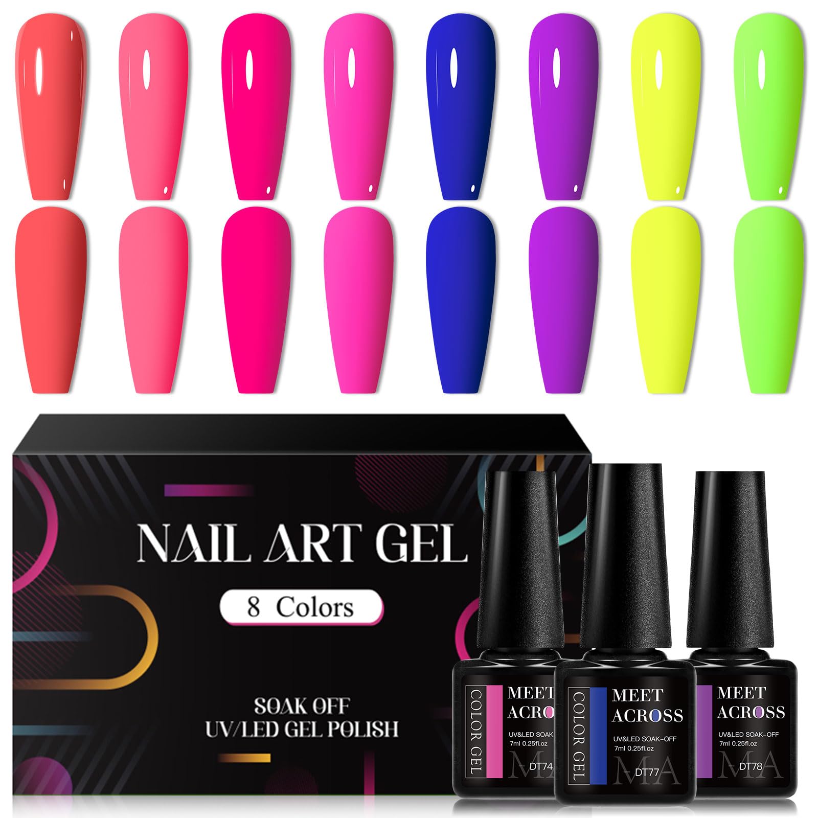 MEET ACROSS Neon Gel Nail Polish Set, 8 Colors Hot Pink Orange Blue Yellow Green Purple Red Rose Summer Gel Nail Polish Kit Soak