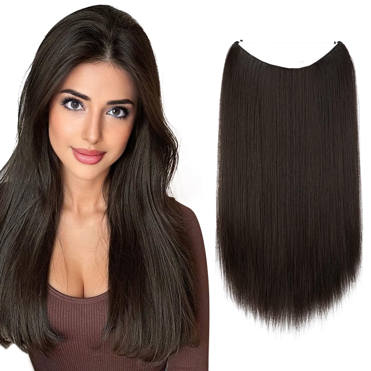Sarla Black Brown Invisible Wire Hair Extensions Long Straight Synthetic Hairpieces 18 Inch For Women Adjustable Transparent Hea