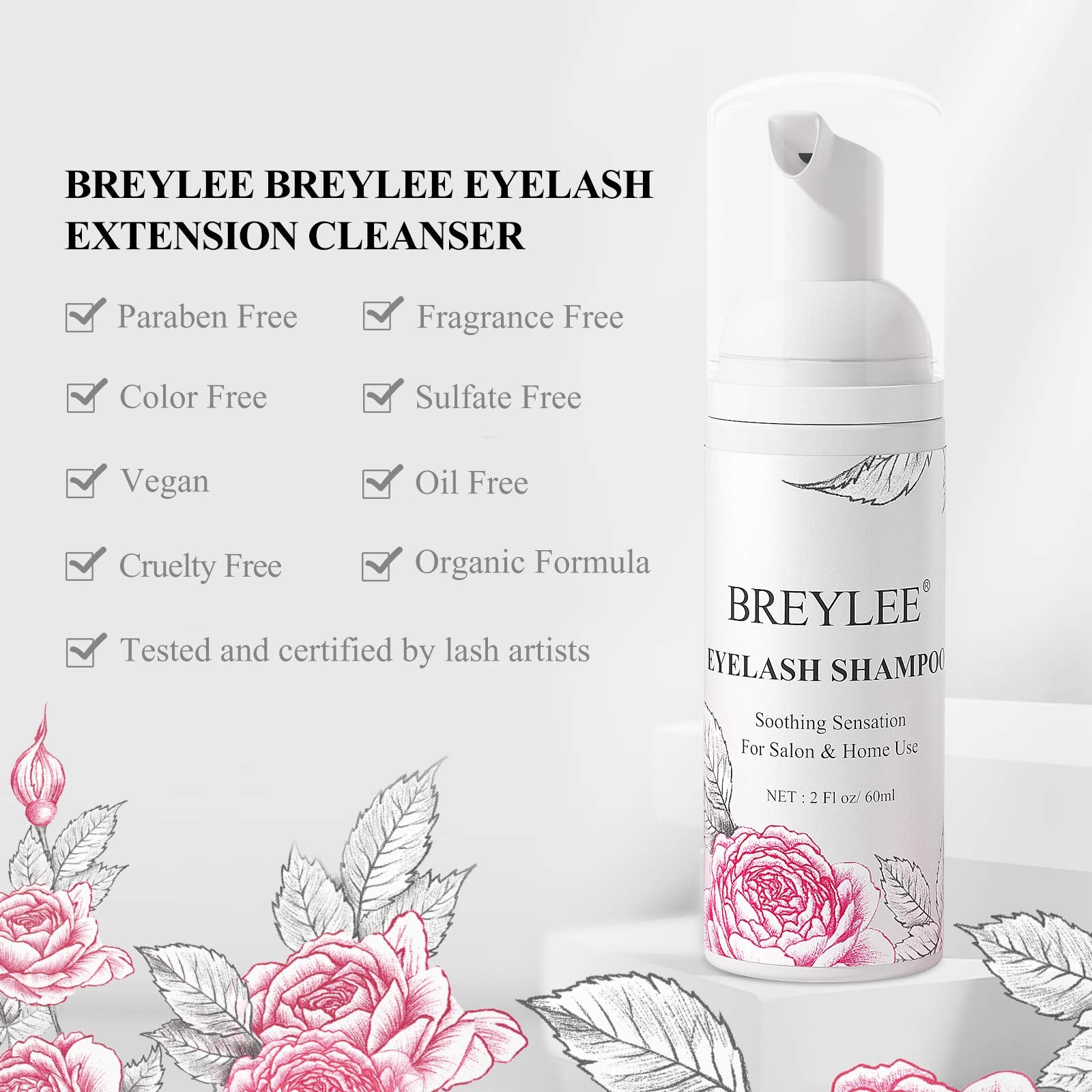 Breylee Shampoo For Lash Extensions, 60Ml+Rinse Bottle+Brushes, Eyelash Extension Cleanser, Lash Wash Bath, Lash Cleaner, Parabe