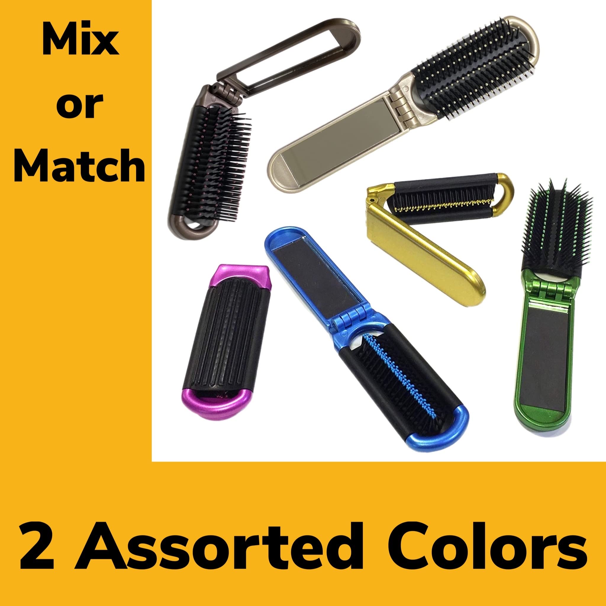 ALAZCO 2 Assorted Colors Folding Hair Brush With Mirror Compact Pocket Size Travel Car Gym Bag Purse Locker Swimming Camping Sle