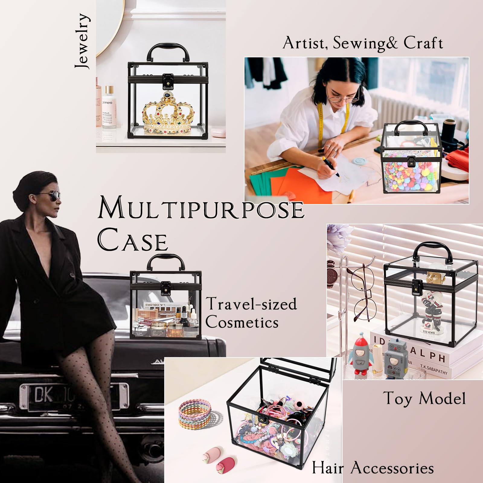 Costravio Clear Makeup Case Crown Box Toiletry Organizer Case Transparent Train Case with Latches Travel Artists Display Case fo
