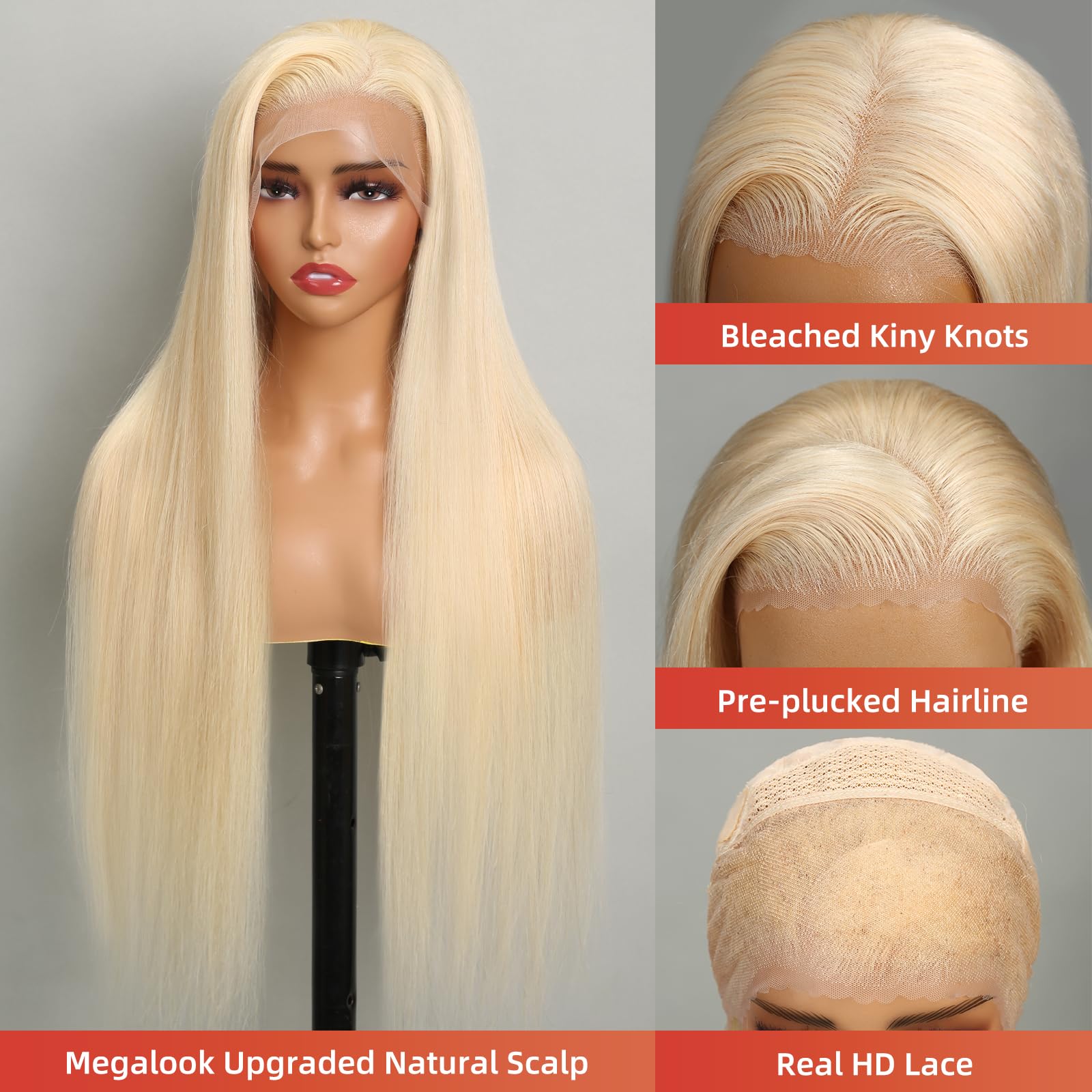 MEGALOOK Wear and Go Glueless Wigs Human Hair Pre Plucked Pre Cut 613 HD Lace Frontal Wig 13x4 HD Lace Front Wigs 613 Straight L