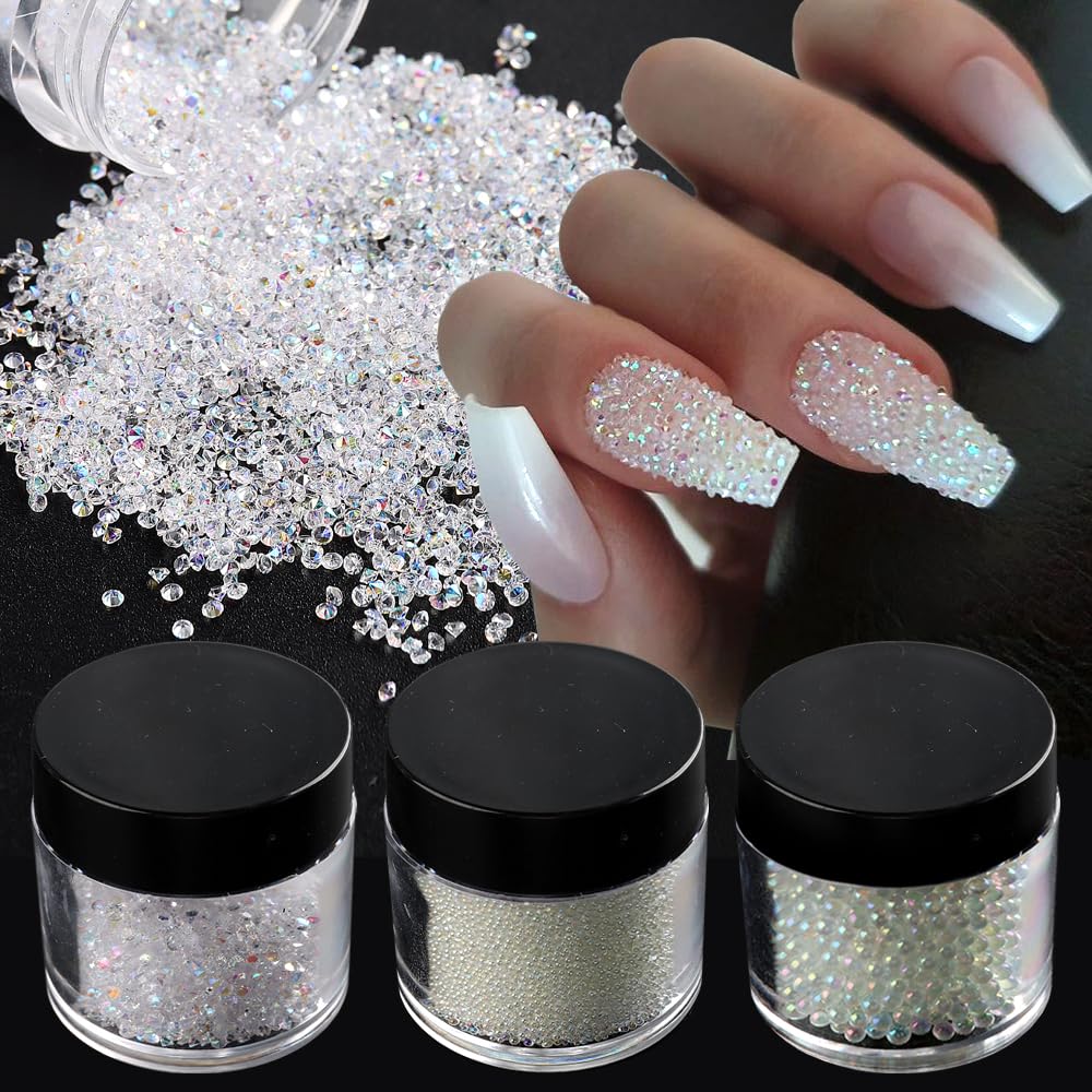 Tiny Nail Rhinestones 1.5mm Clear AB Mini Pixie Crystals Gems, 0.6-0.8mm Iridescent Micro Caviar Beads Sugar Glitter Beads Dust 