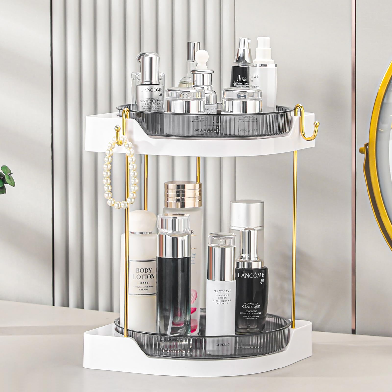 Corner Makeup Organizer, Luxury Rotating Counter Storage Tray,Skincare Organizers Countertop, High Capacity 2 Tiers Lazy Susan F