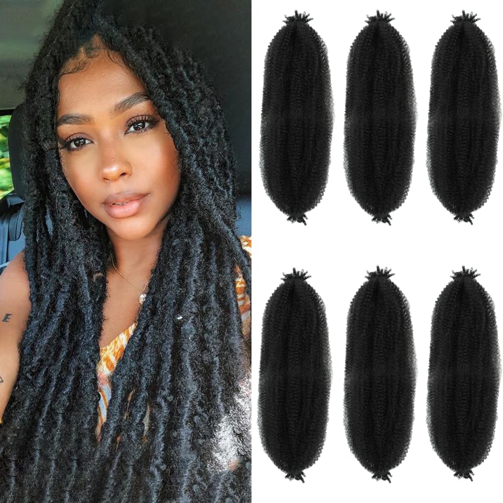 Springy Afro Twist Hair 20 Inch 6 Packs Black Color Pre Fluffed Marley Twist Braiding Hair for Black Women (20 inch, 6 Packs, 1B