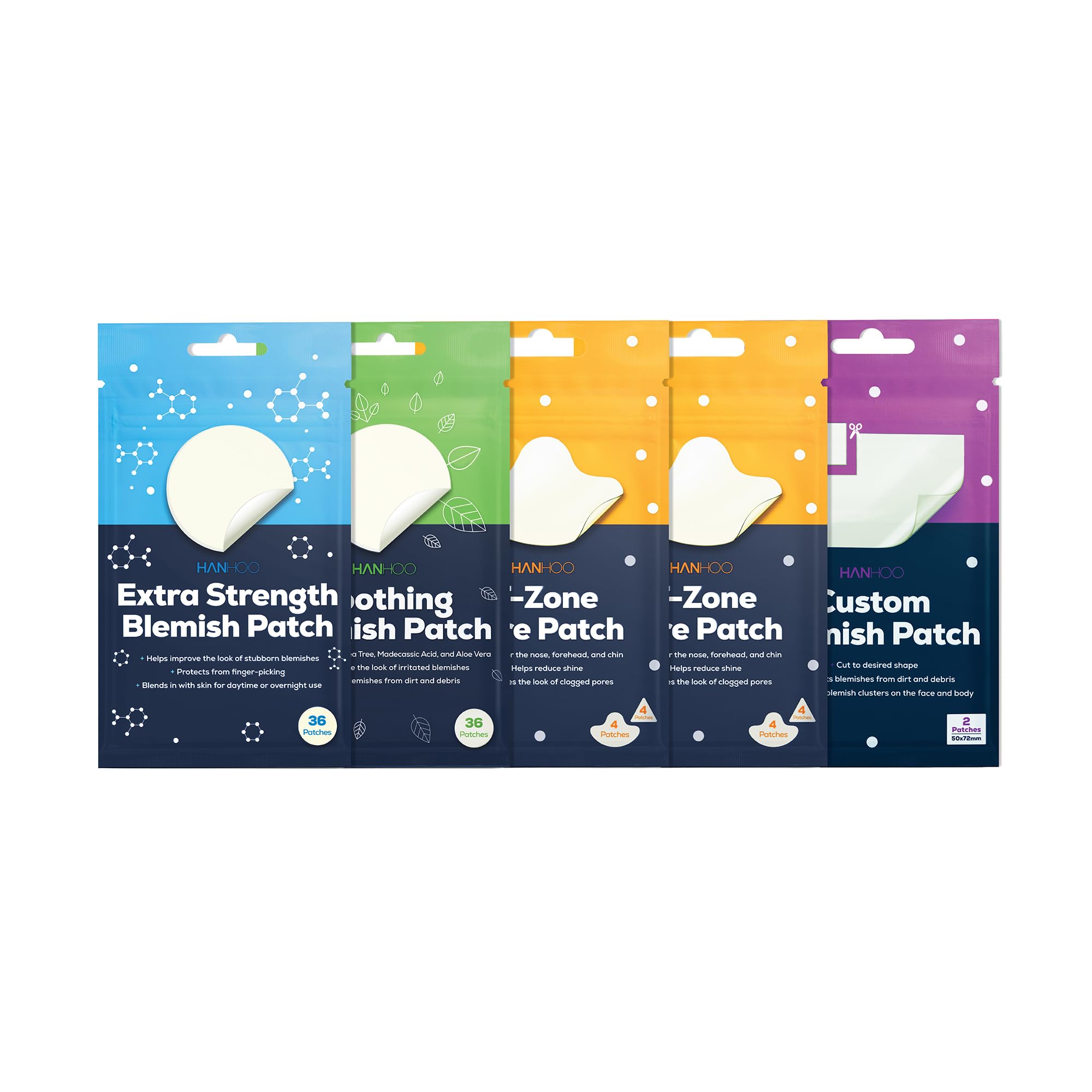 Hanhoo Soothing Blemish Patch, Extra Strength Blemish Patch, Custom Blemish Patch, and T-Zone Pore Patch Bundle, 90 Total Patche