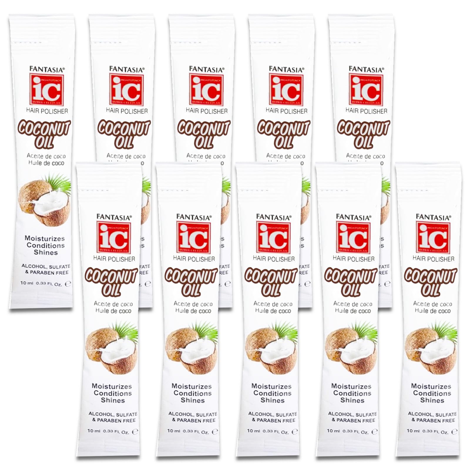 Fantasia Coconut Oil Hair Polisher Travel Set  10 Pk Bundle with 0.33 oz Coconut Oil Hair Polisher Packets | Travel Friendly Co