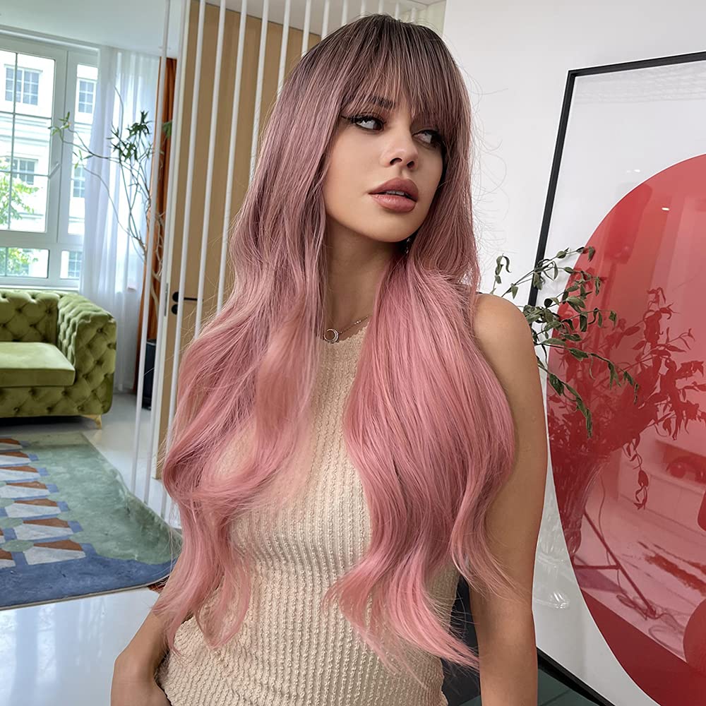 Jooler Pink Wig With Bangs Ombre Pink Wigs For Women Long Wavy Wigs Cute Pink Light Cosplay Party Wig Heat Resistant Dark Roots