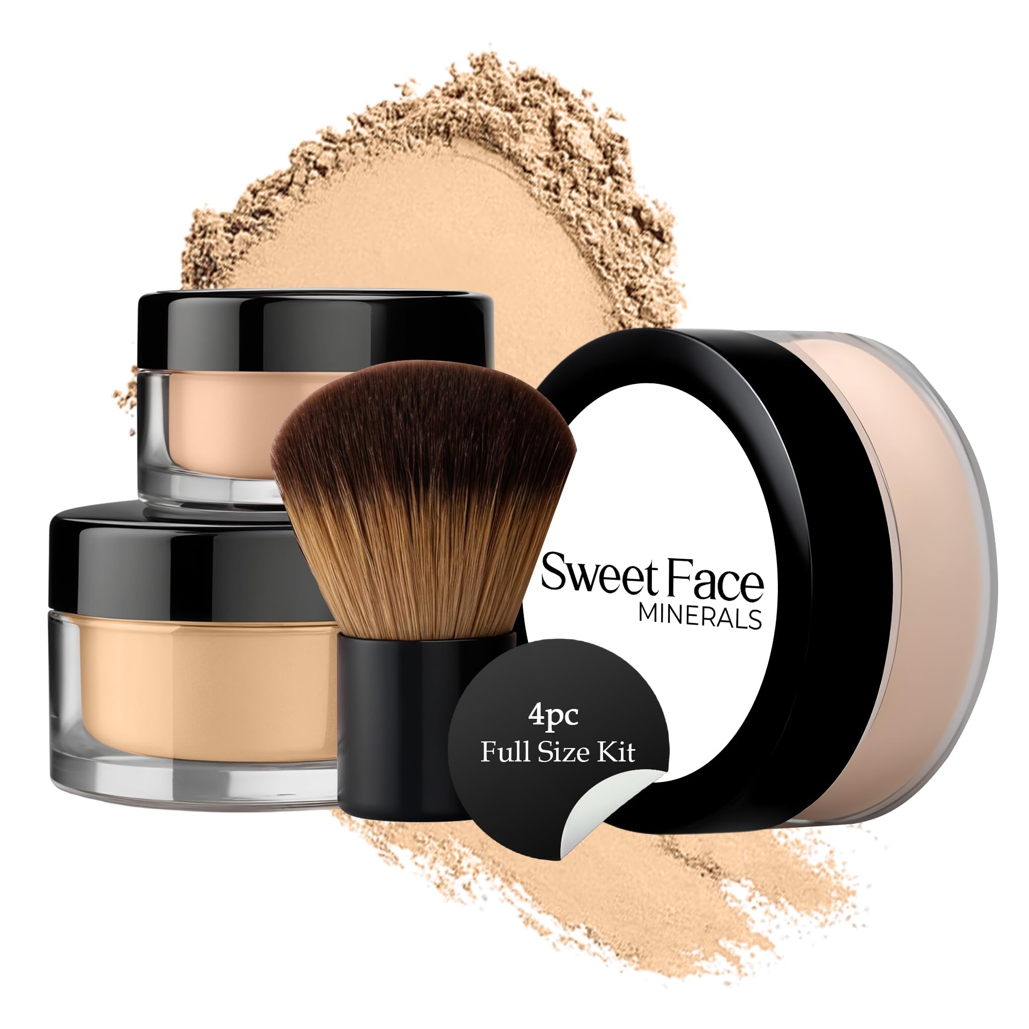 4Pc Full Size Kit (Warm Shade) Mineral Makeup Matte Translucent Loose Foundation + Kabuki Brush + Concealer + Finishing Setting