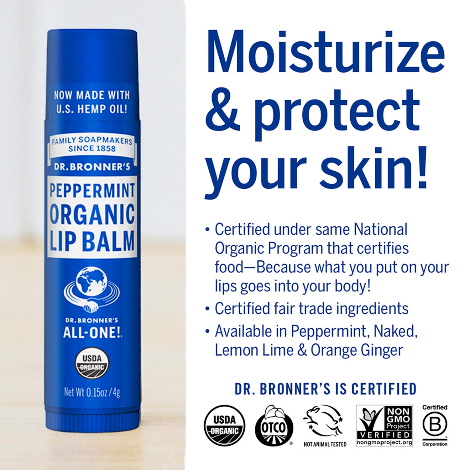 Dr. Bronner's - Organic Lip Balm (Peppermint, 0.15 ounce, 6-Pack) - Made with Organic Beeswax and Avocado Oil, For Dry Lips, Han
