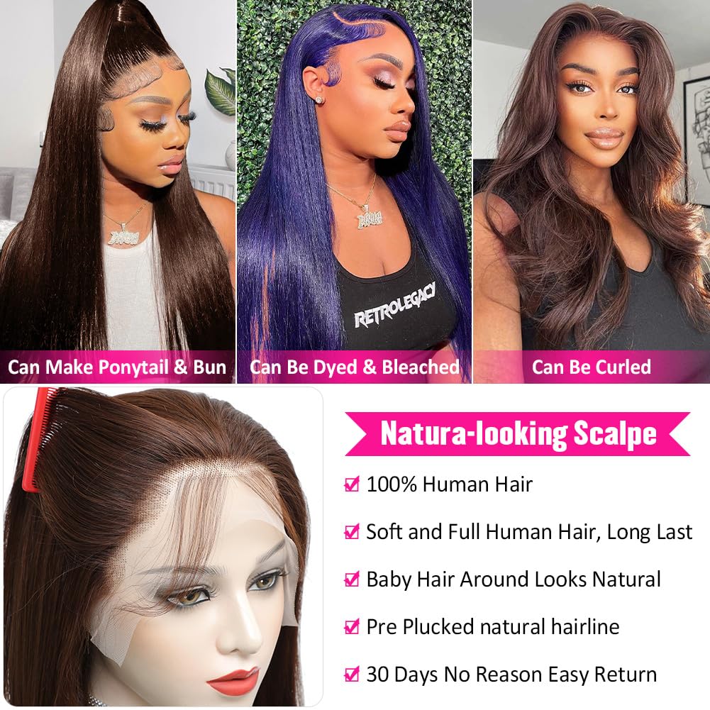 Hermosa 13X4 Chocolate Brown Lace Front Wigs Human Hair With Baby Hair 180 Density Straight Lace Frontal Human Hair Wigs Pre Plu