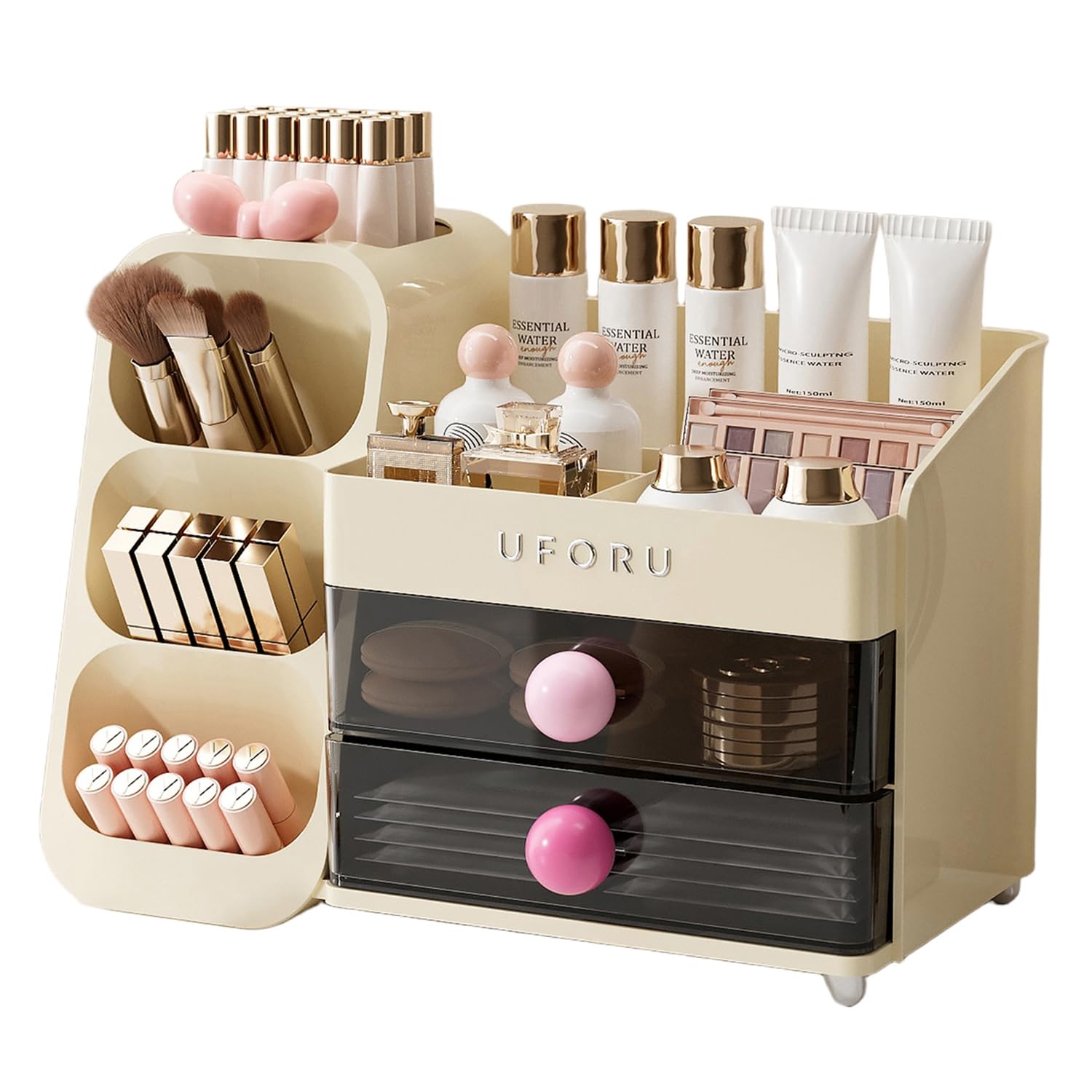 UFORU Makeup Organizer for Vanity with Brush Holder, Countertop Organizer with 2 Drawers, Spacious Cosmetic Display Case for Bea