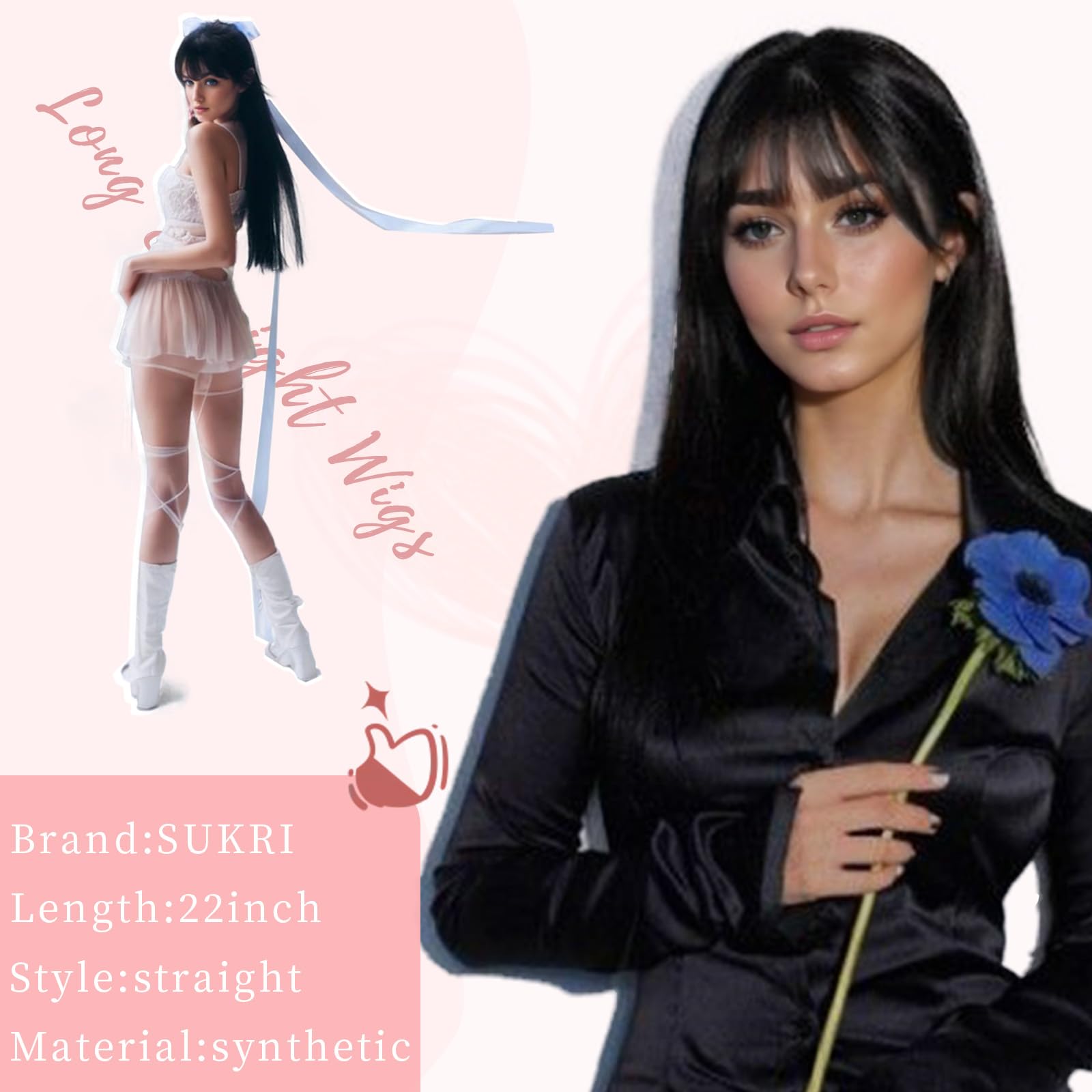 Sukri Long Straight Black Wig With Bangs Natural Black Hair Wigs For Women Synthetic Heat Resistant Wigs For Girls Daily Party U