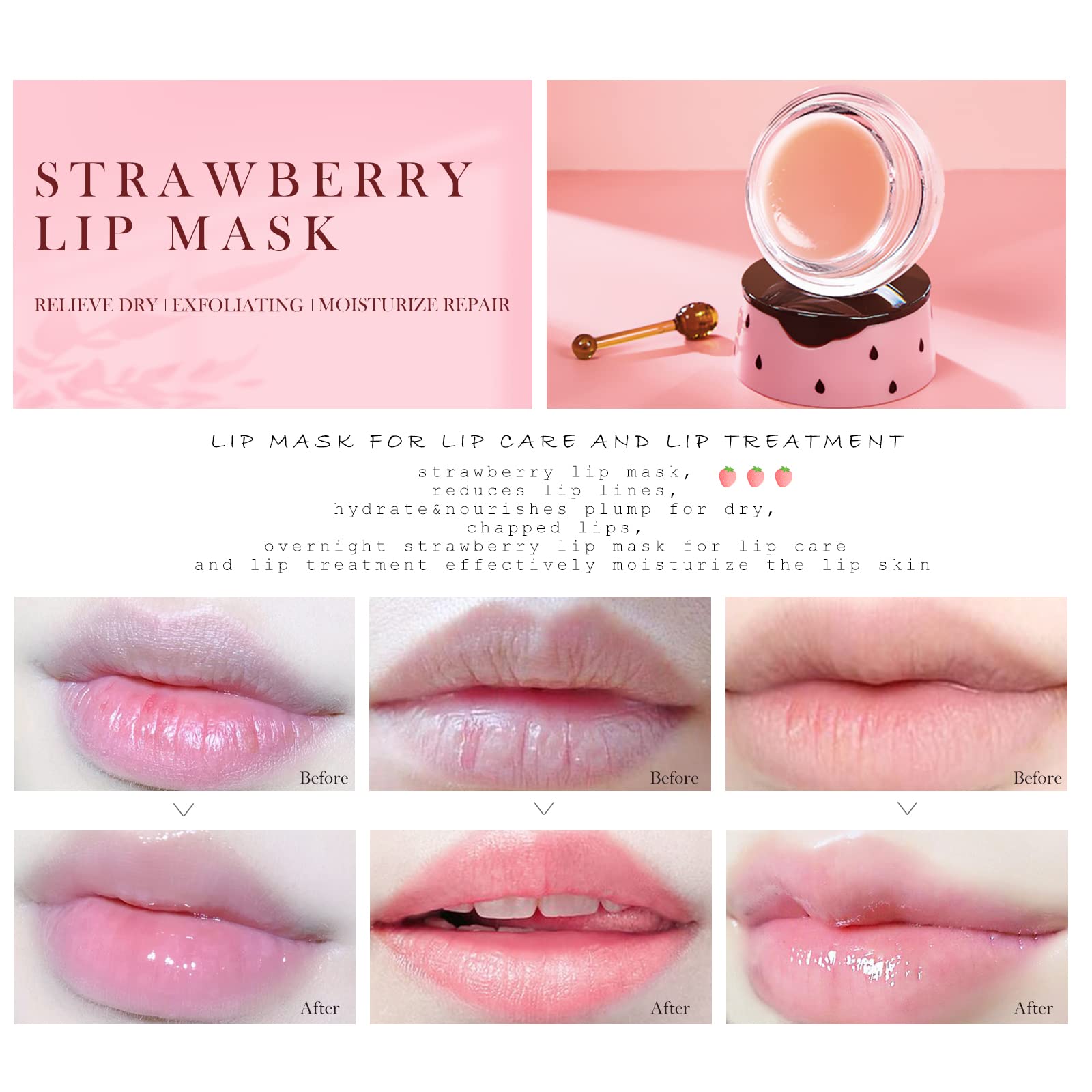 Freeorr 2Pcs Strawberry Lip Sleeping Mask,Bee Lip Balm Honey Pot, Bee Lip Honey Pot With Wand Nourishes Lips, Overnight Strawber