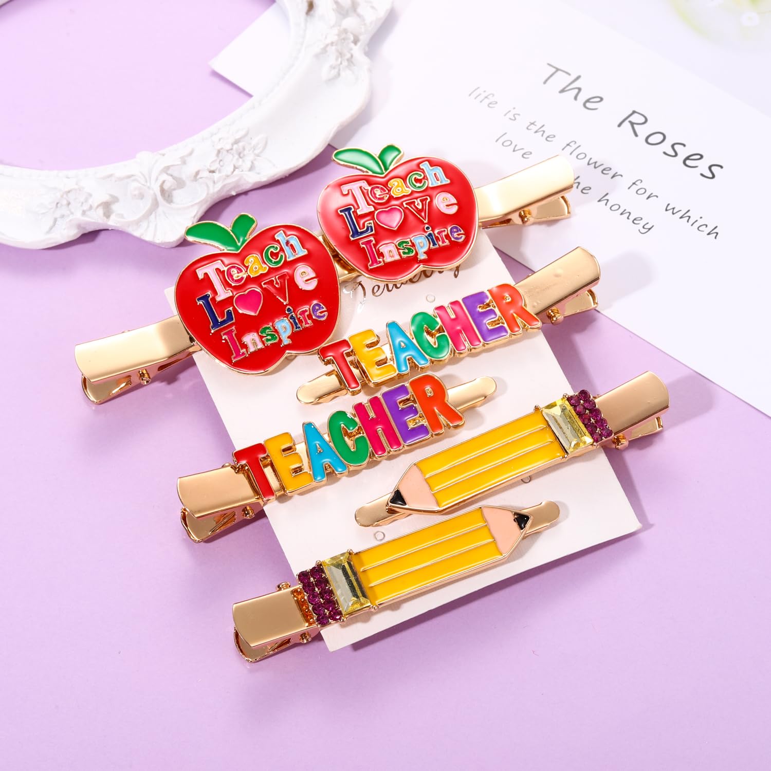 Hzeyn 6 Pack Teacher Hair Clips In Pencil, Teacher & Apple Designs - Rhinestone Embellished Hair Accessories For Back To School,