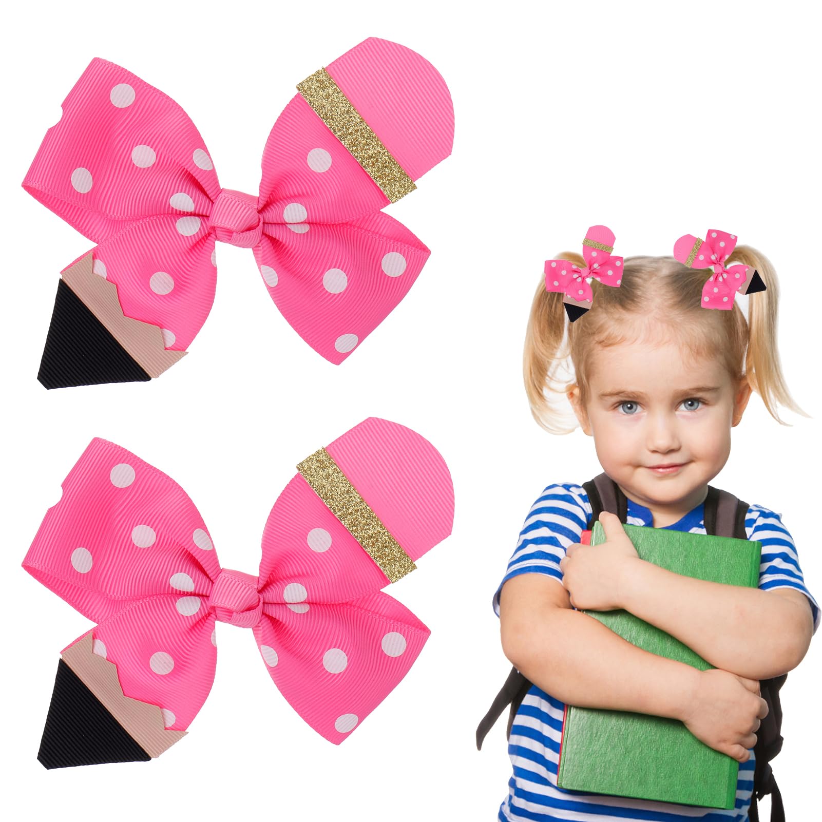 Vodolo 2Pcs Back To School Hair Bows for Girls,Funny Pencil Bow Hair Clip,Cute First Day of School Supplies,School Hair Accessor
